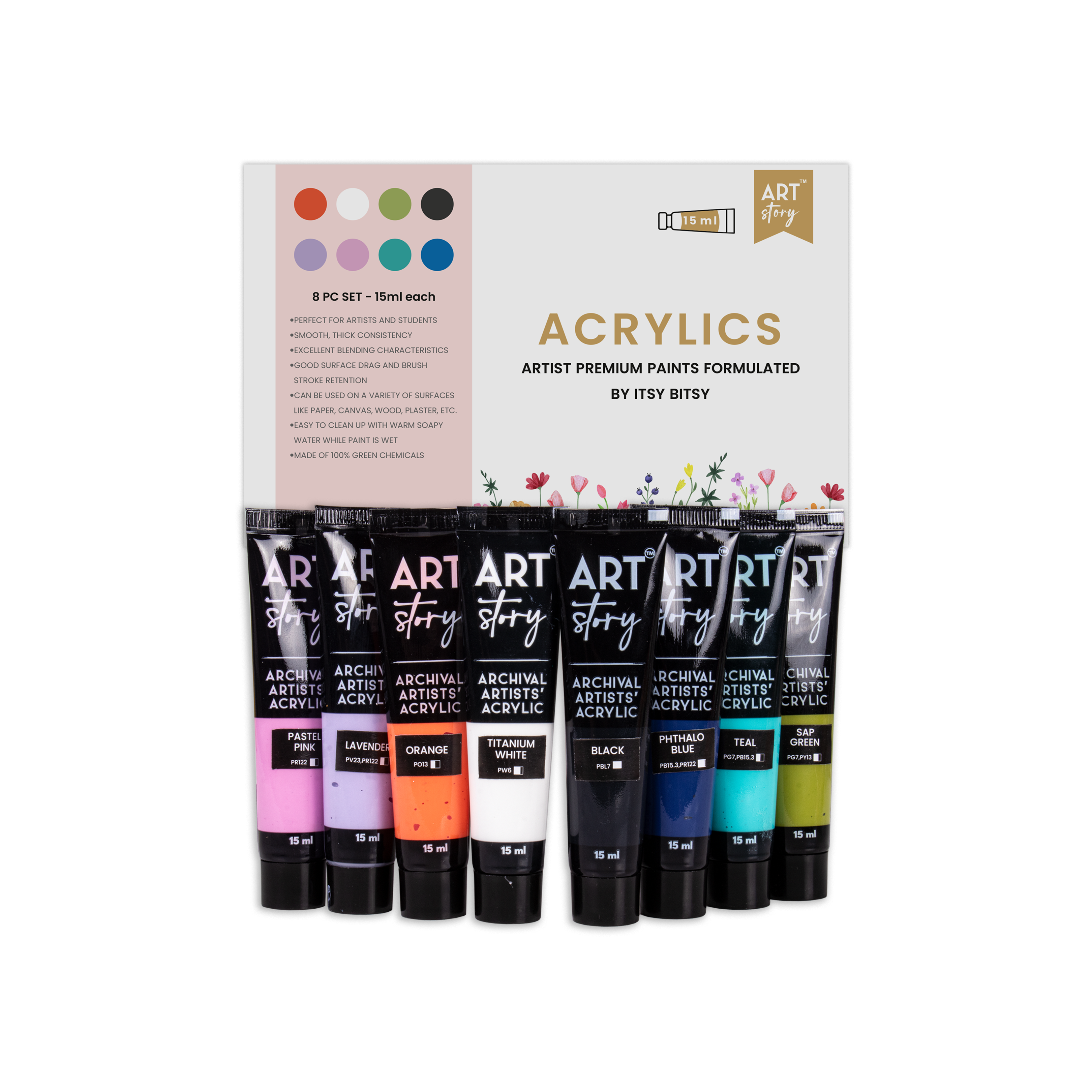 Artists Acrylic Colour Set Pastel 8 Colors X 15ml each