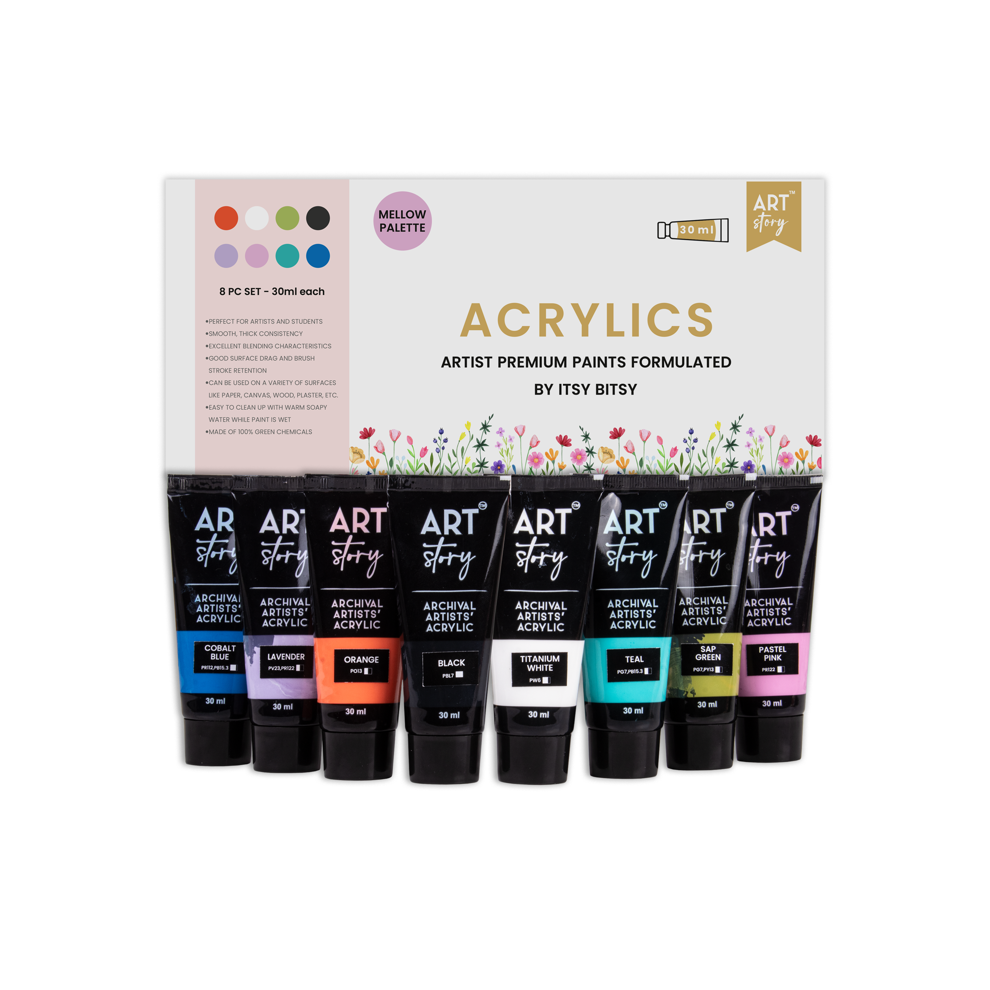 Artists Acrylic Colour Set Pastel 8 colours X 30ml each