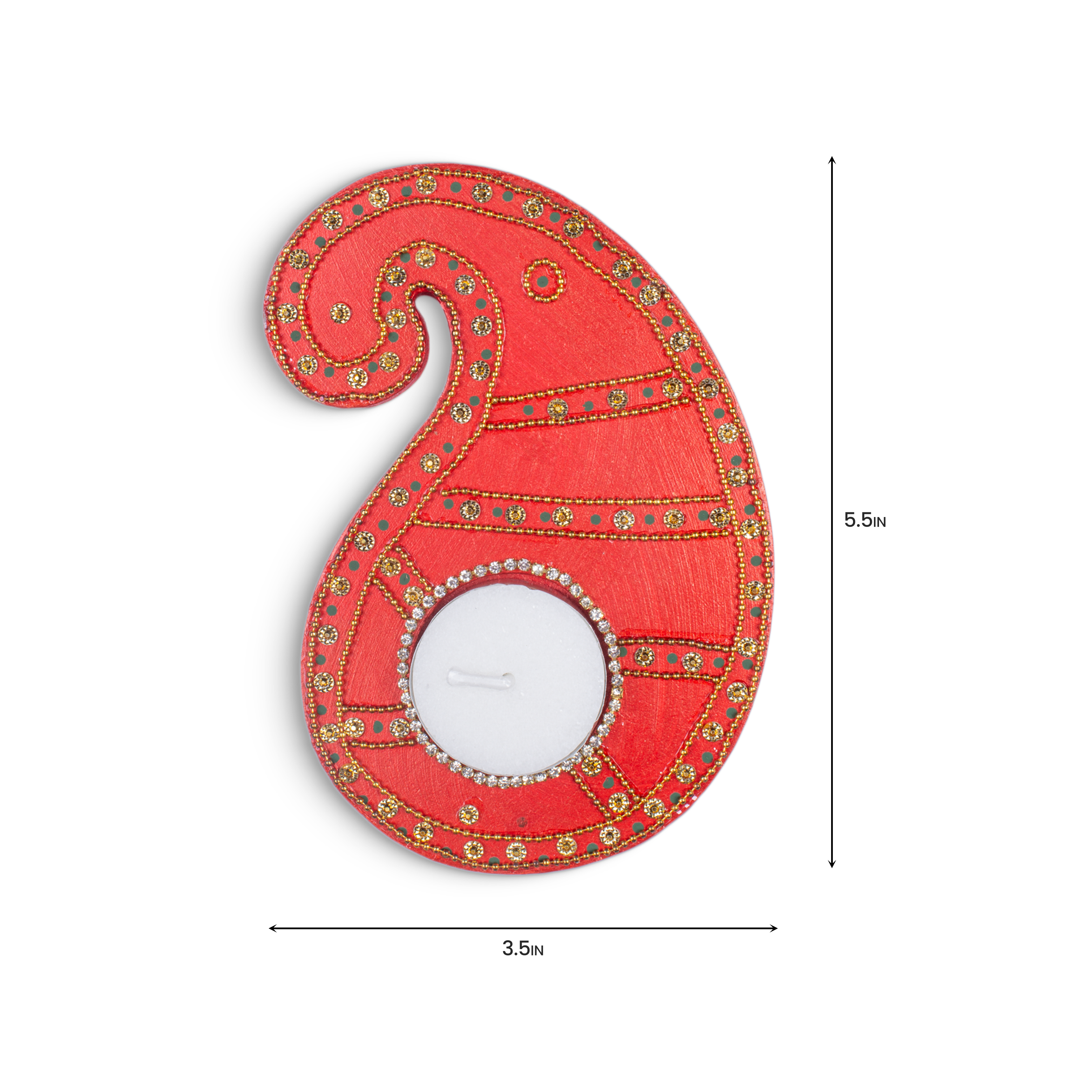 Tealight Holder Paisley Charm Red Approx 5.5 X 3.5inch 4mm Thick 2pc ( Candle Included 1pc)