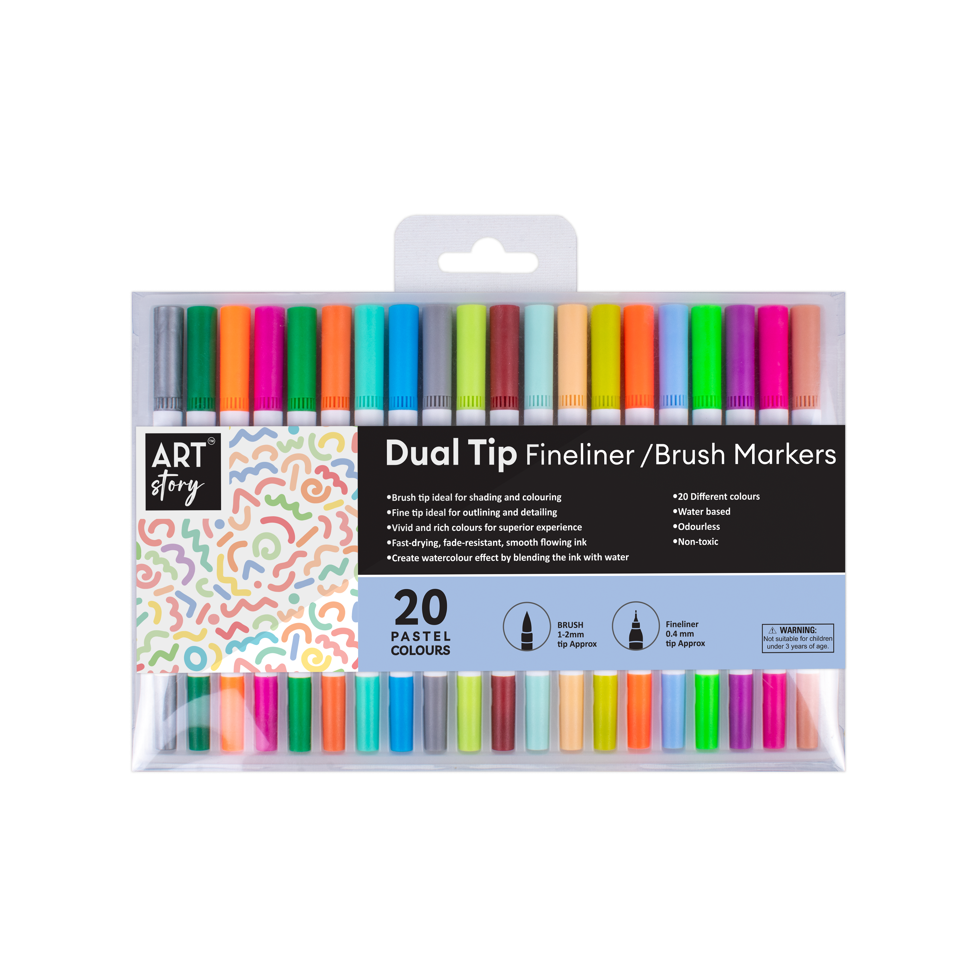 Dual Tip Fineliner/Brush Markers Water Based Pastel Brush 1-2mm Fineliner 0.4mm Tip Approx Pack Of 20pc Blister