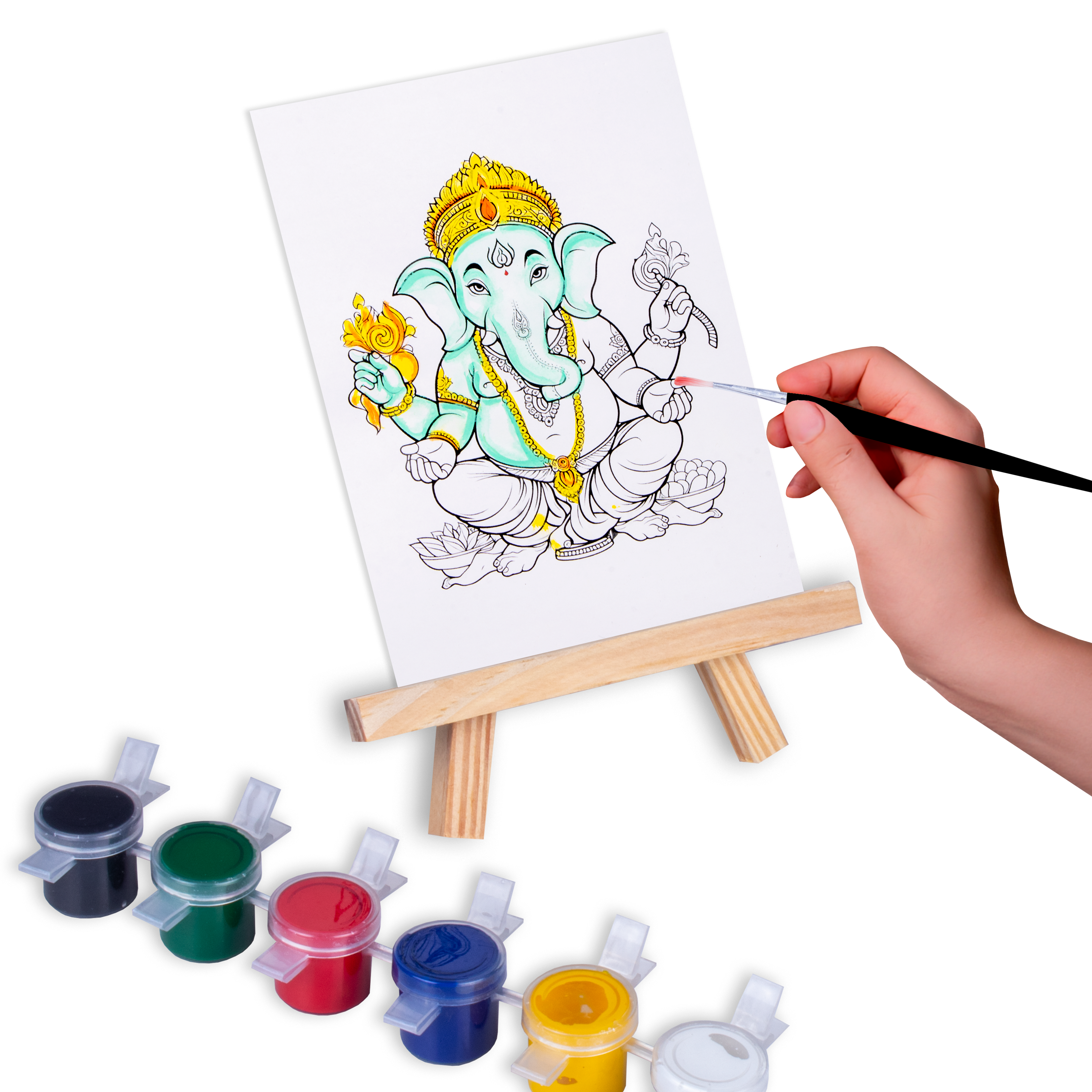 Paintable Pre-Printed Panel with Easel & Paints - Ganesha, Approx 4in x 6in, Easel size 11cm, 1pc