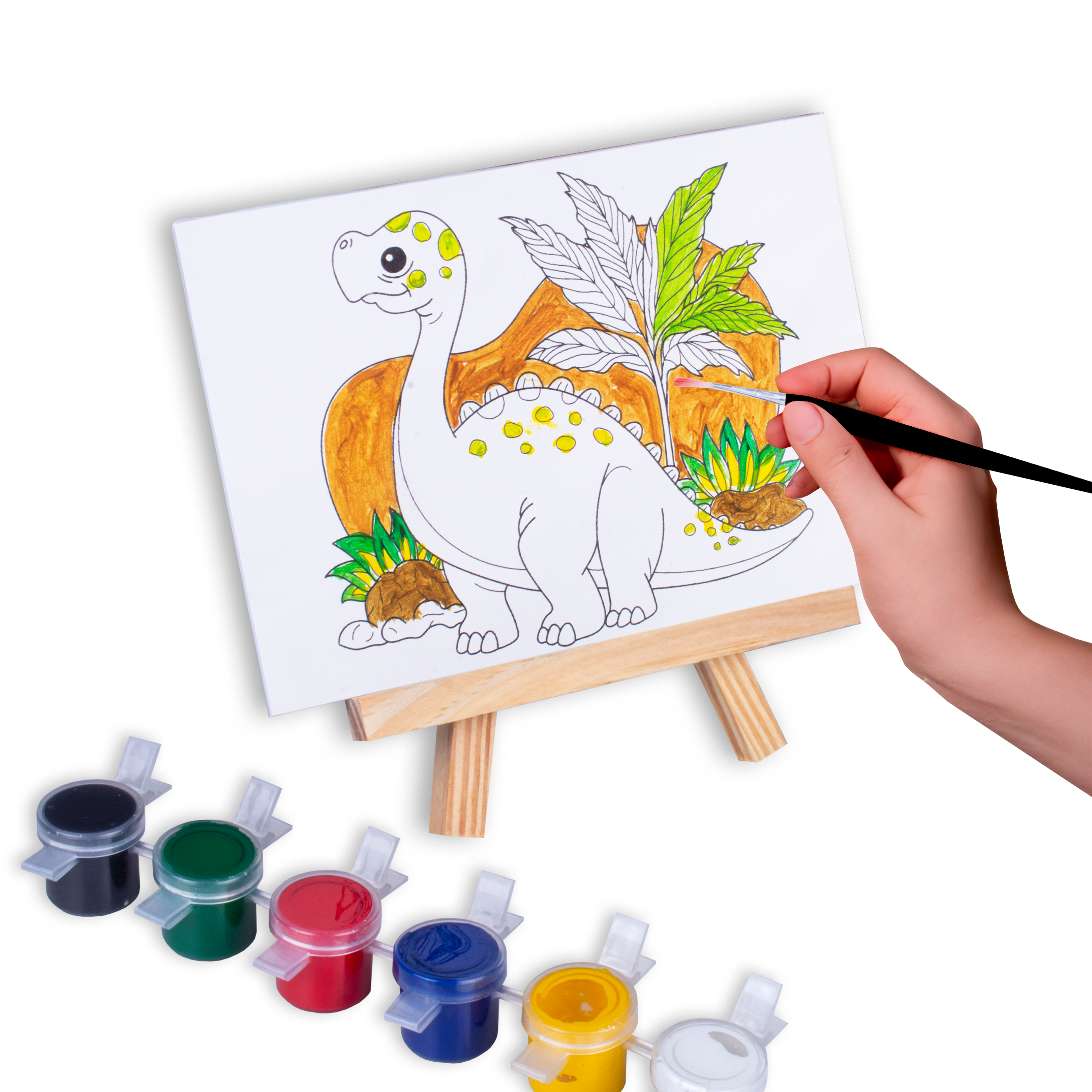 Paintable Pre-Printed Panel with Easel & Paints- Dinosaur, Approx 4in x 6in, Easel size 11cm, 1pc