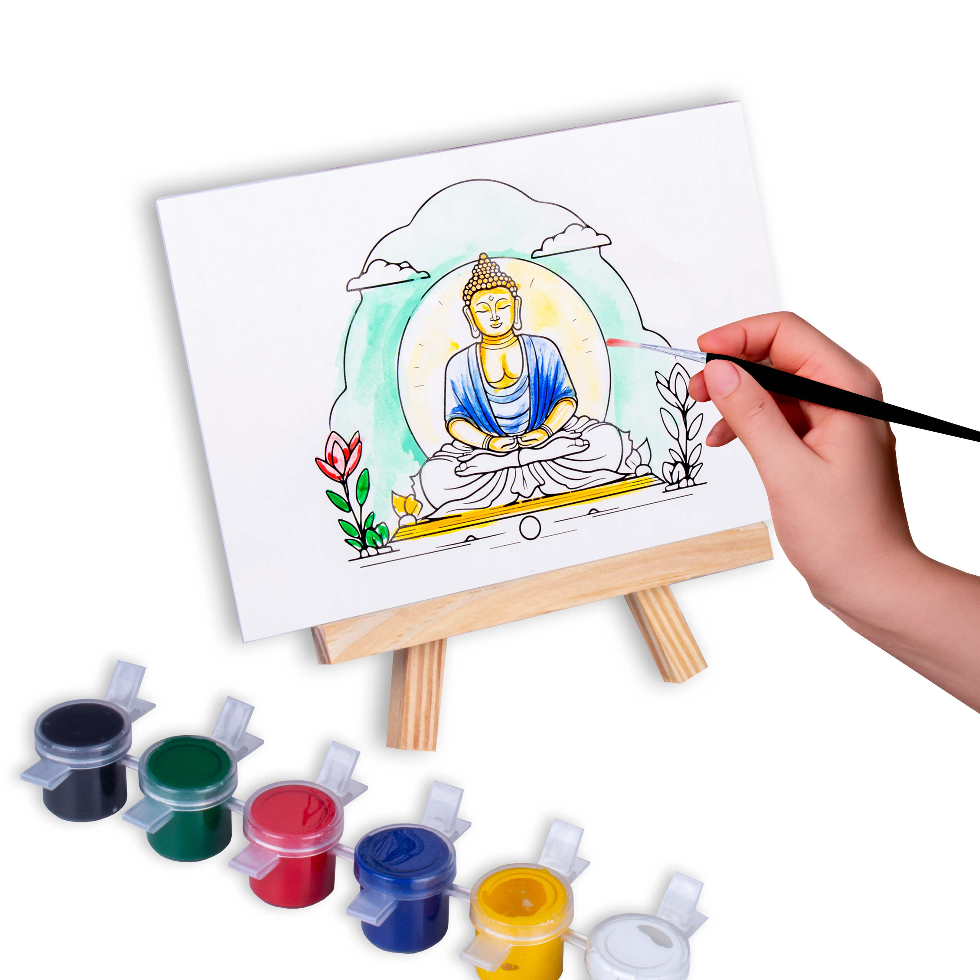 Paintable Pre-Printed Panel with Easel & Paints - Buddha, Approx 4in x 6in, Easel size 11cm, 1pc