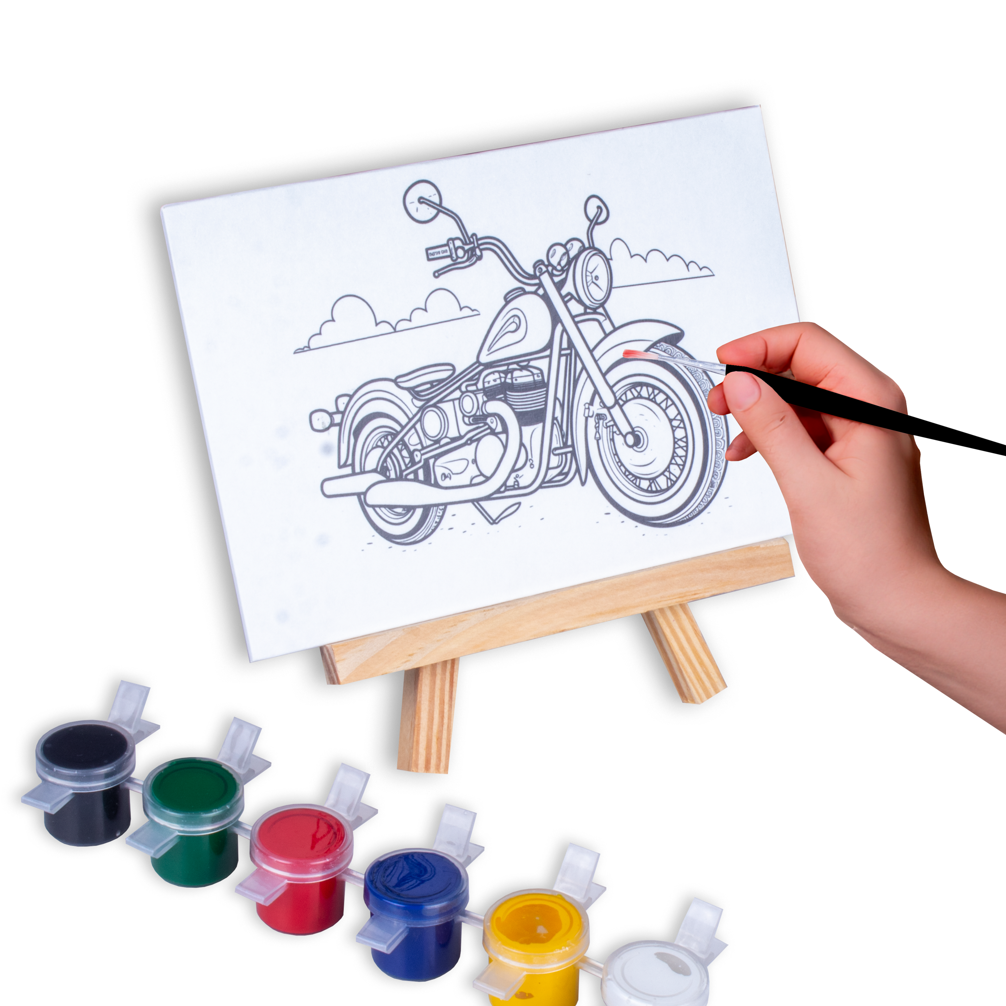 Paintable Pre-printed Panel with Easel & Paints - Motorcycle, Approx. 4in x6in, Easel size 11cm, 1pc