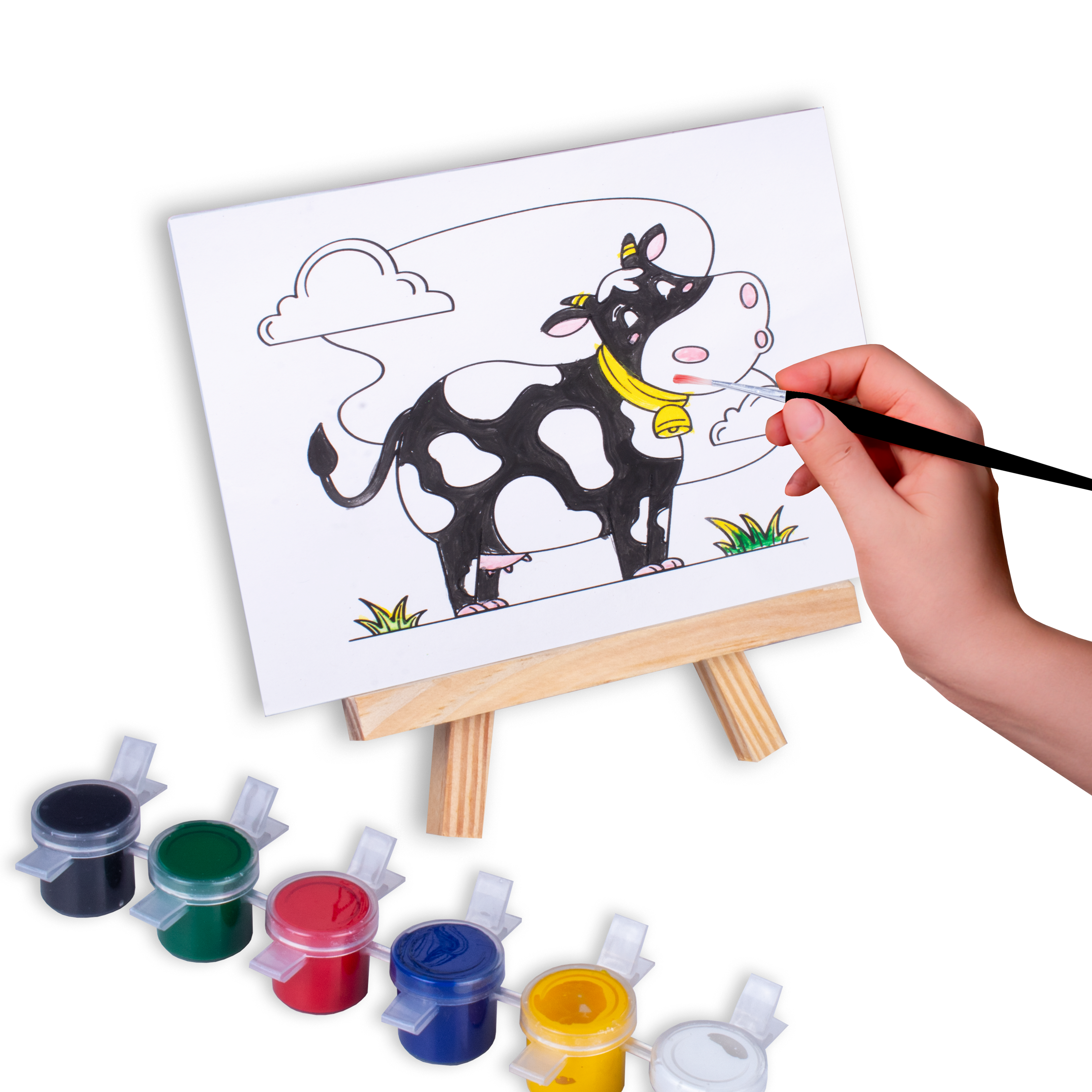 Paintable Pre-printed Panel with Easel & Paints - Cow, Approx 4in x 6in, Easel size 11cm, 1pc