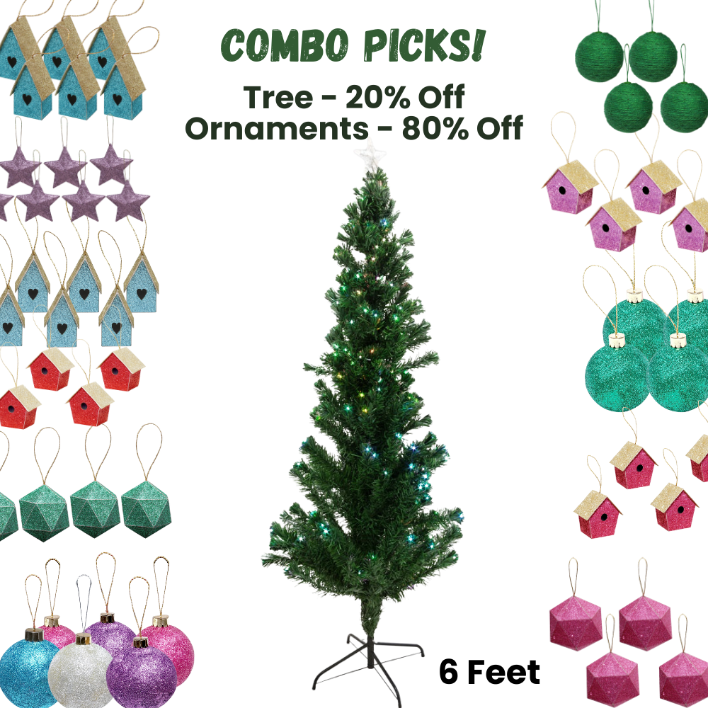 6 Feet - Christmas Fer Tree With Light & Star On Top 180Cm 1Pc + (Ornaments Combo)