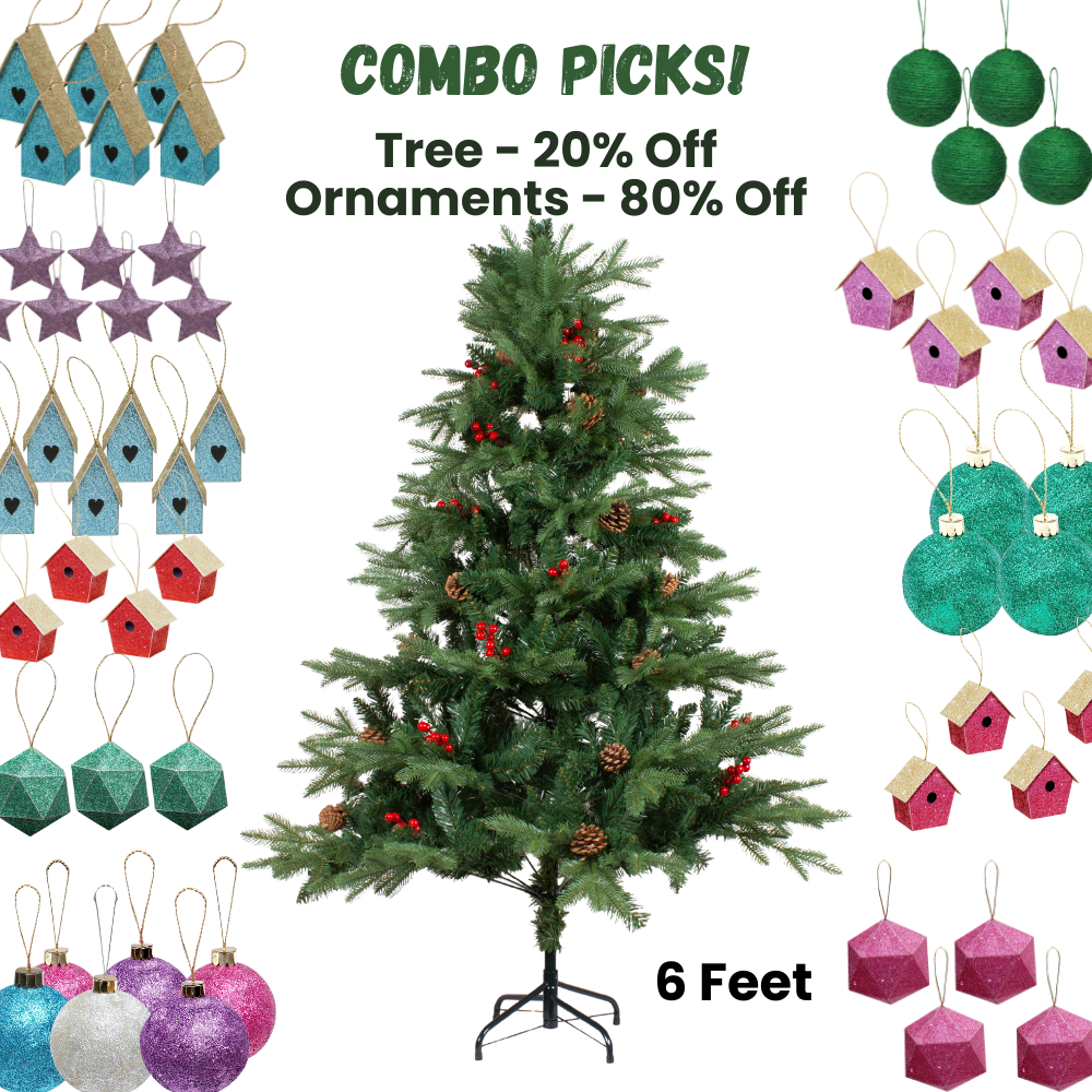 6 Feet - Christmas Deluxe Realistic Tree with Metal Stand Pine Cones & Red Berries (180cm) 1pc  (Ornaments Combo)