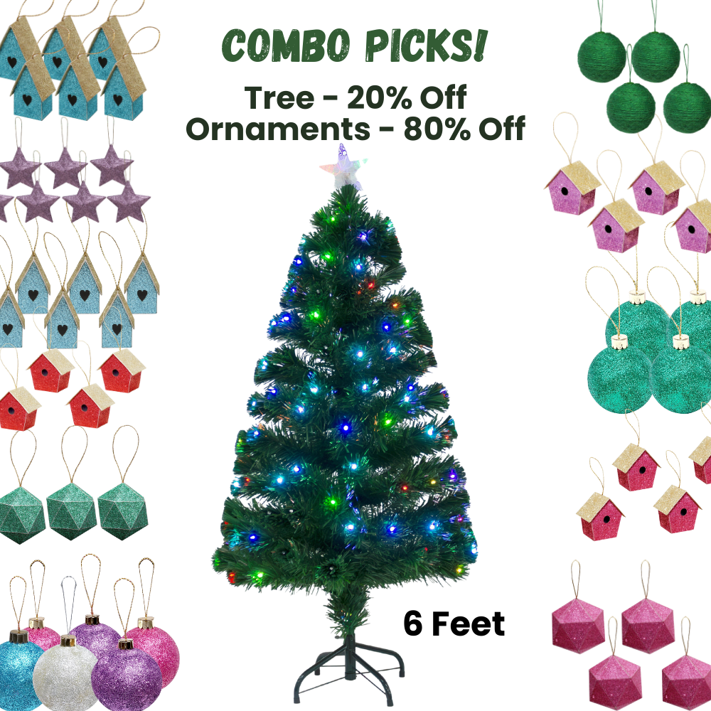 6 Feet - Christmas LED Fibre Optic Tree with Colour Changing Lights & Star 210 Branches (180cm) 1pc + (Ornaments Combo)