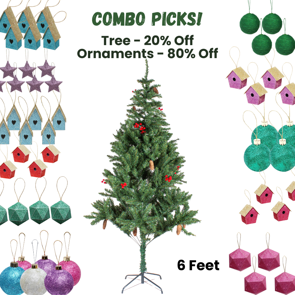 6 Feet - Christmas Premium Tree with Metal Stand Pine Cones & Red Berries (180cm) 1pc + (Ornaments Combo)