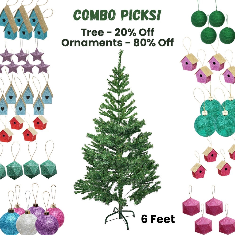 6 Feet - Christmas Tree With Metal Stand 1pc + (Ornaments Combo)