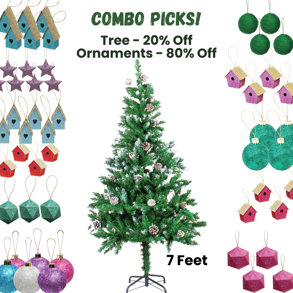 7 Feet - Frosted Christmas Tree with Metal Stand & Pine Cones (210cm) 1pc Box + (Ornaments Combo)