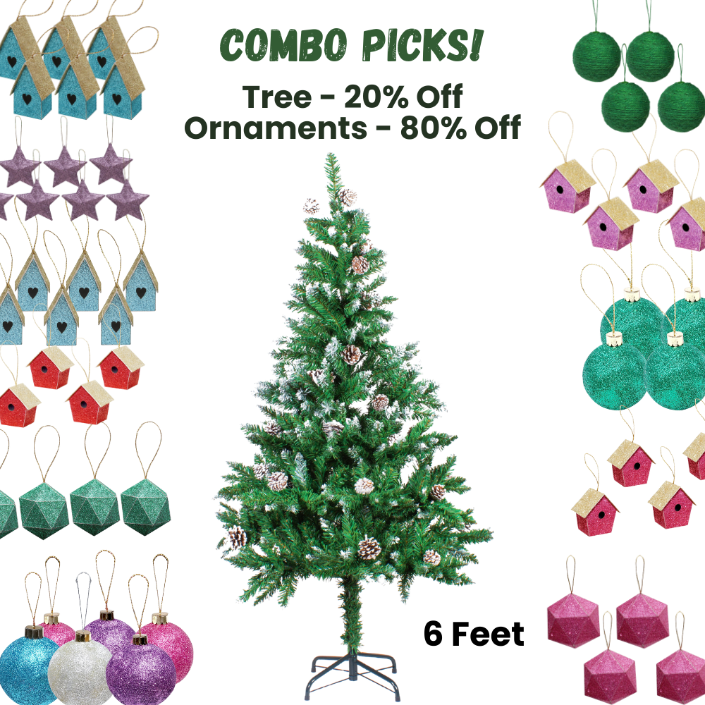 6 Feet - Frosted Christmas Tree with Metal Stand & Pine Cones (180cm) 1pc Box + (Ornaments Combo)
