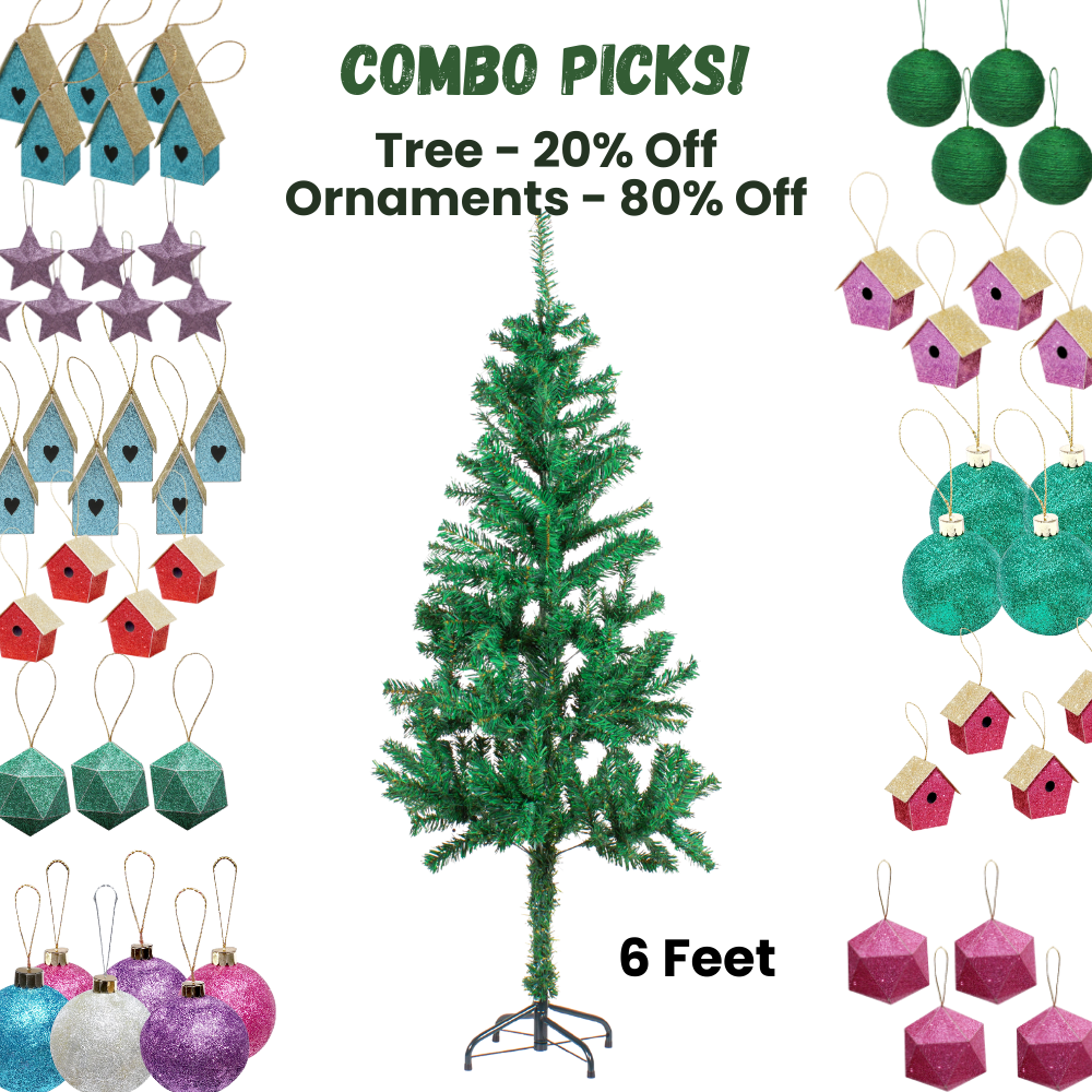 6 Feet - Christmas Festive Tree with Metal Stand 500 Branches (180cm) 1pc + (Ornaments Combo)