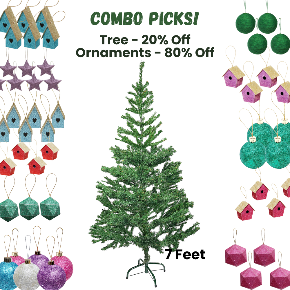 7 Feet - Christmas Tree with Metal Stand 1pc + (Ornaments Combo)
