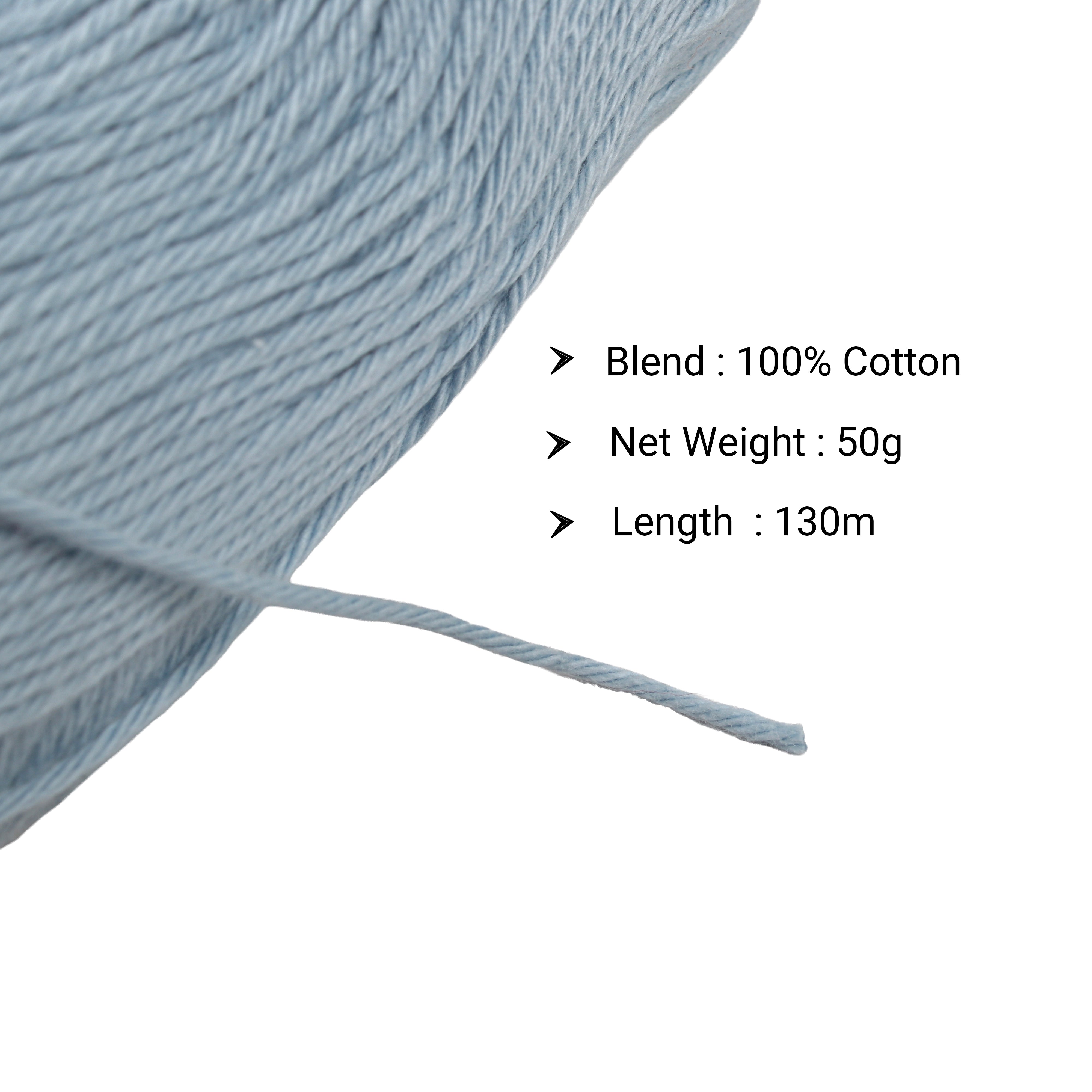 Pure Cotton Knitting/Crochet Yarn 100% Cotton Pale Ash Blue 130m 50g