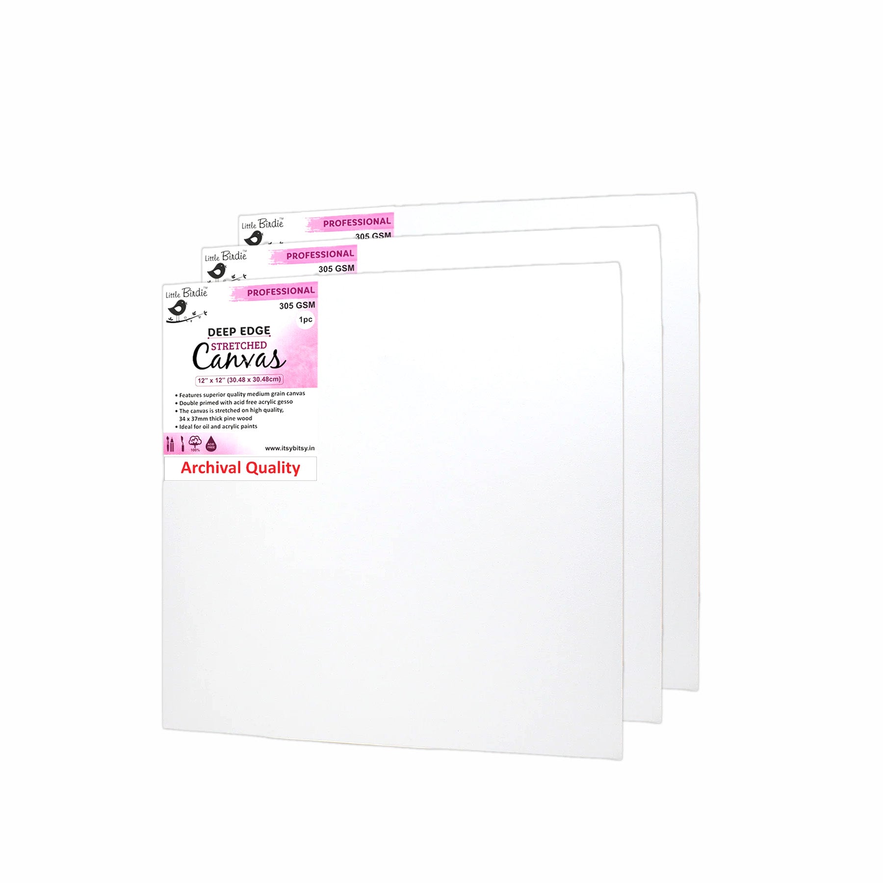 STRETCHED CANVAS DEEP EDGE FRAME 34X37mm 305gsm 12 X 12inch 3PC LB