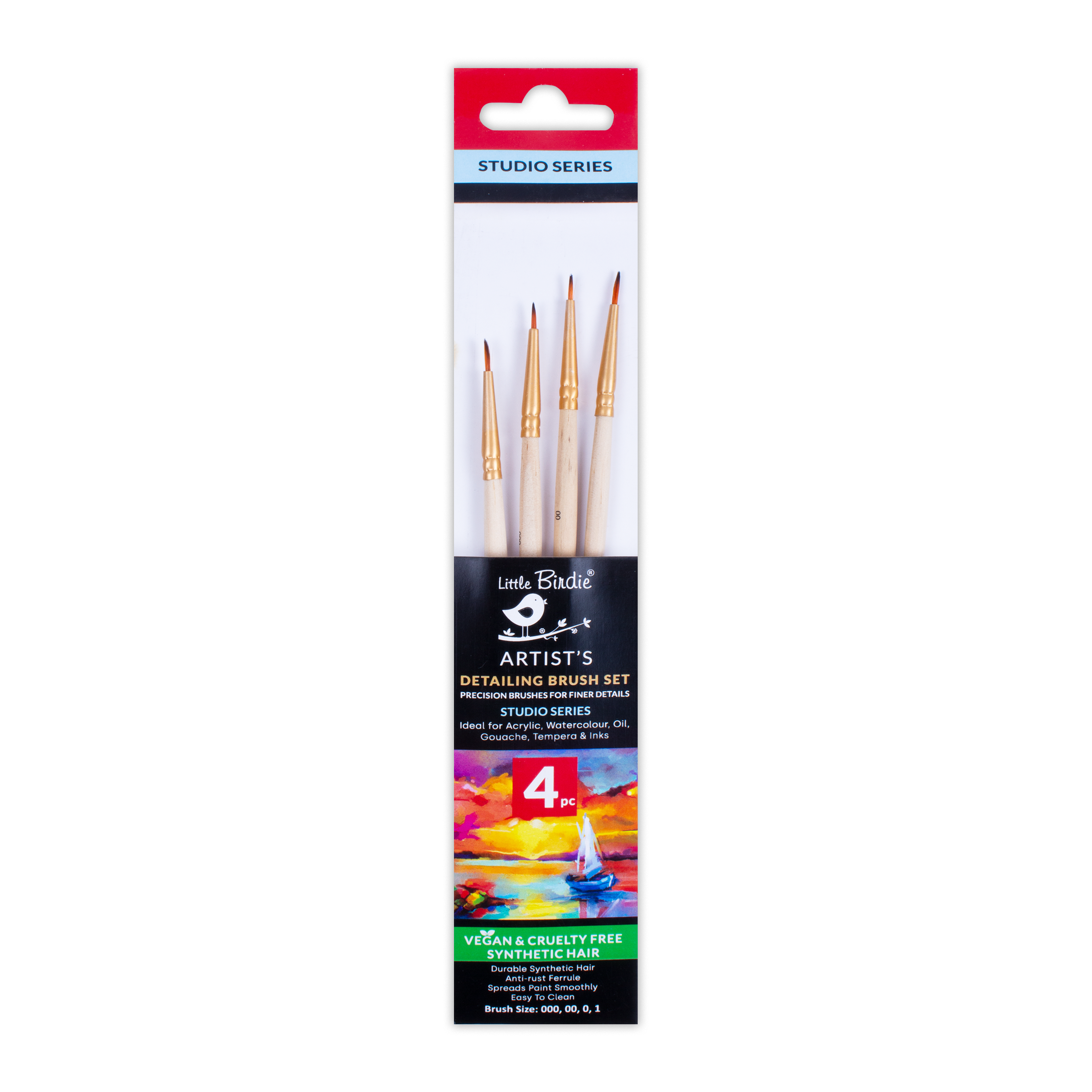 Detailer Brush Synthetic Hair Size.000 00 0 1 Set of 4 pc