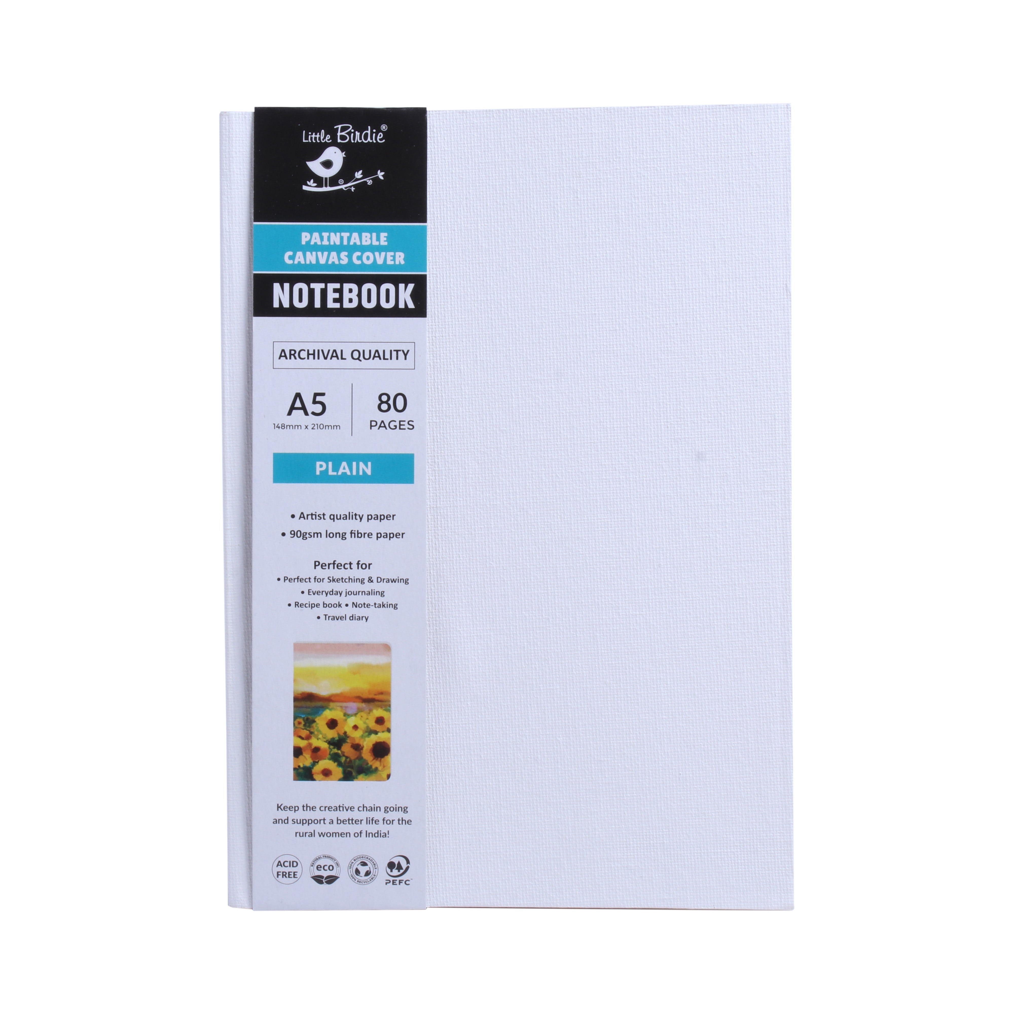 Paintable Canvas Soft Bound Plain Notebook Portrait A5 90gsm 80 Pages