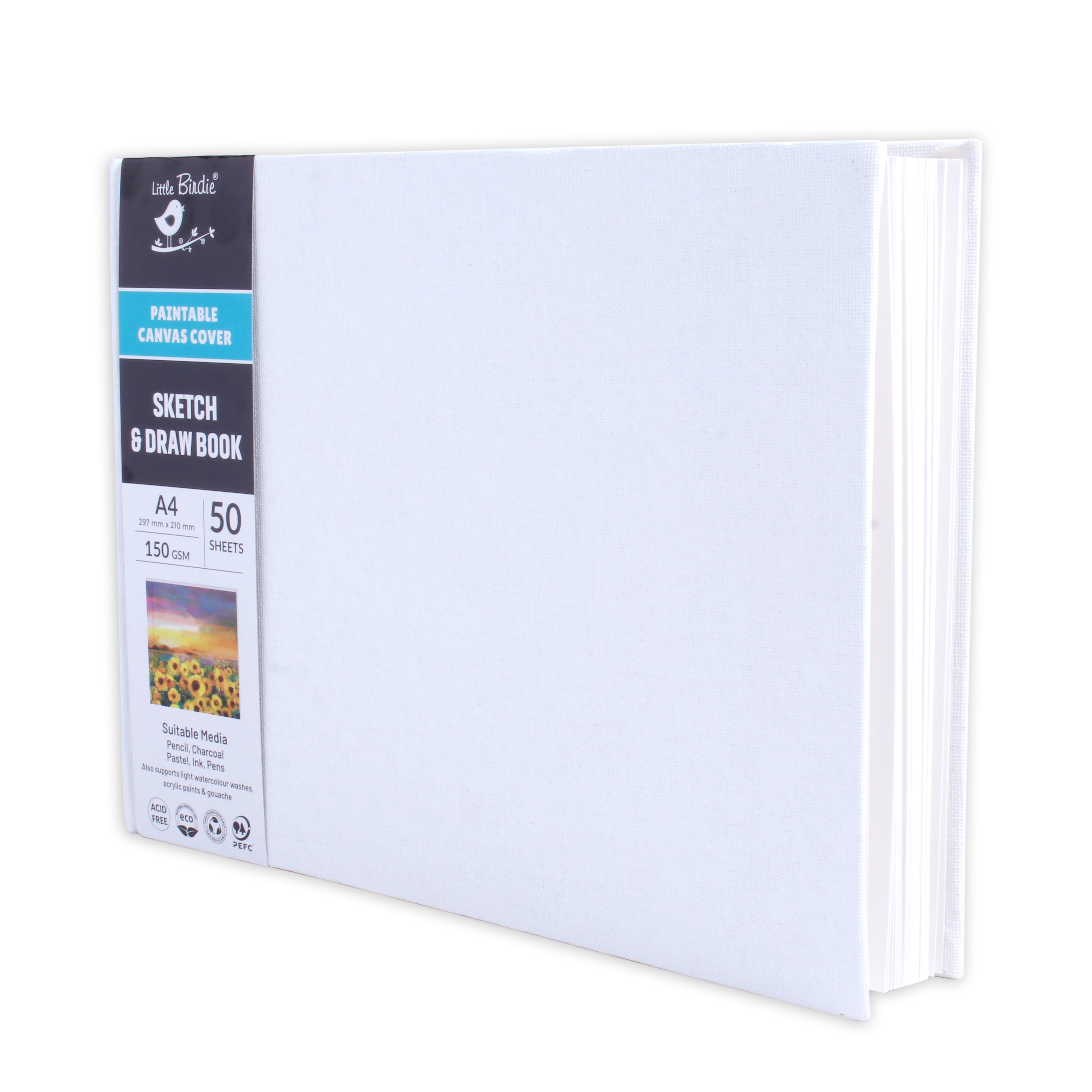 Paintable Canvas Hard Bound Sketch And Drawing Landscape A4 150gsm 50 Plain Sheets