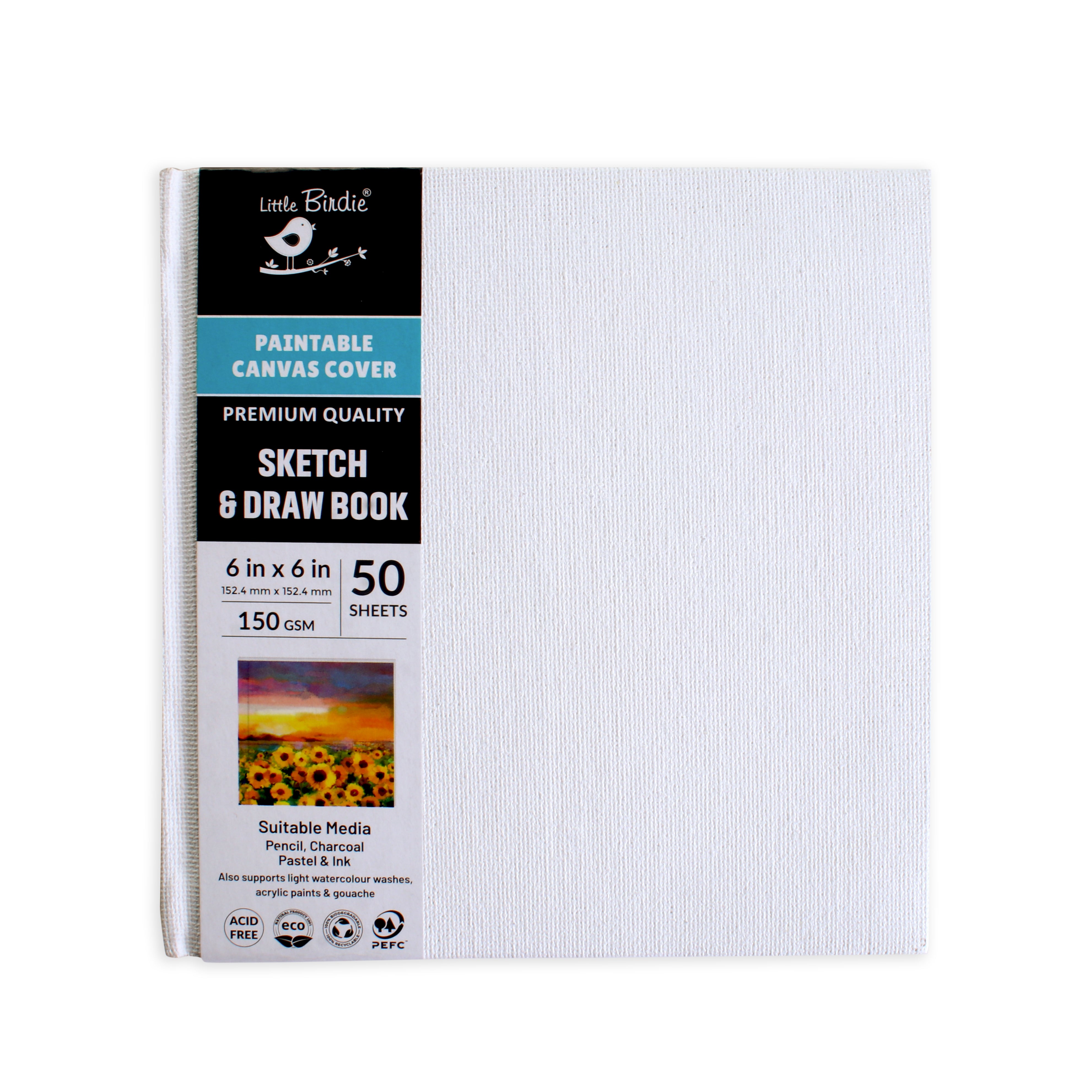 Paintable Canvas Cover Sketch and Draw Book, Hard Cover, 6in x 6in, 150gsm, 50 sheets