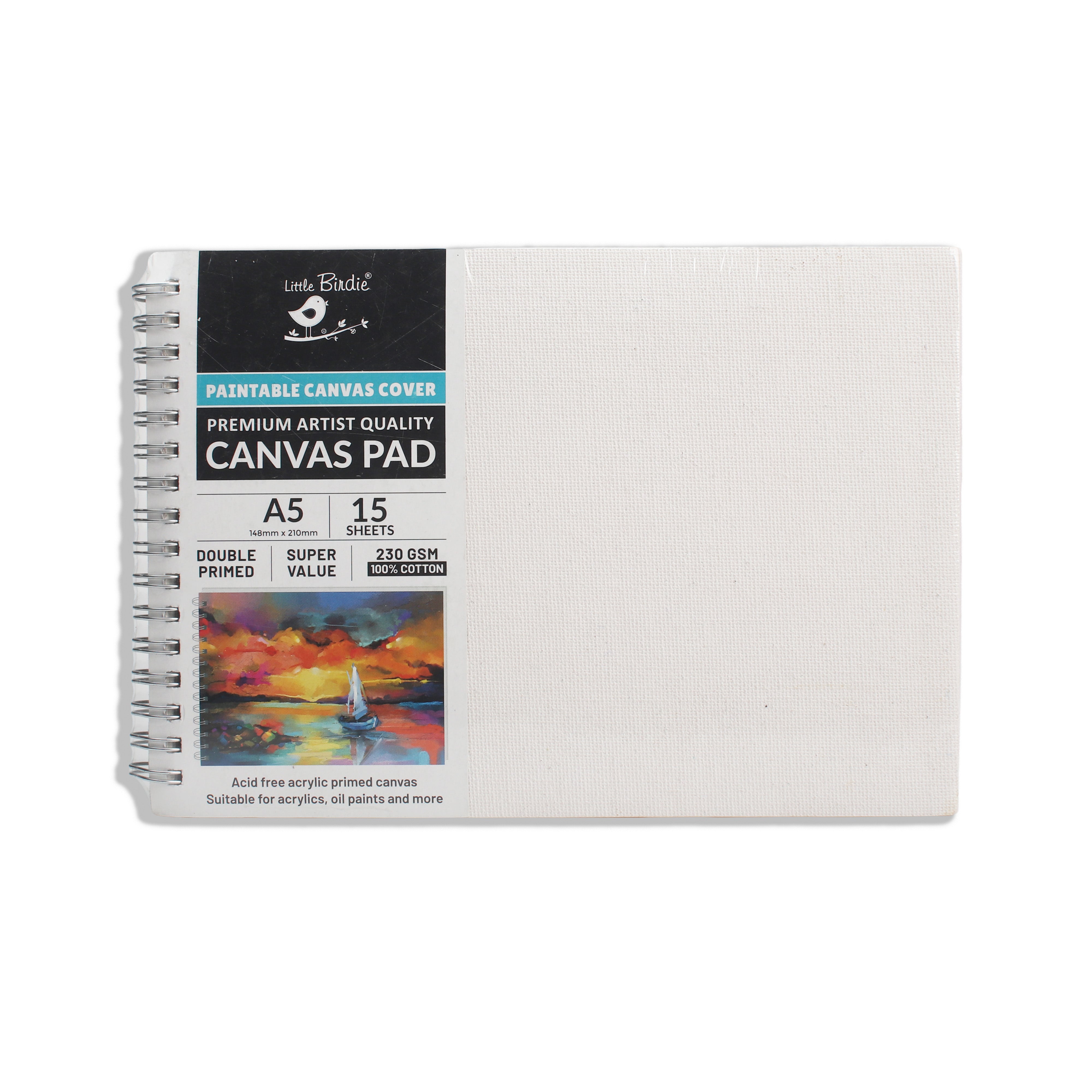 Paintable Canvas Pad Plain Wiro Bound Landscape A5 230gsm 15 Sheets