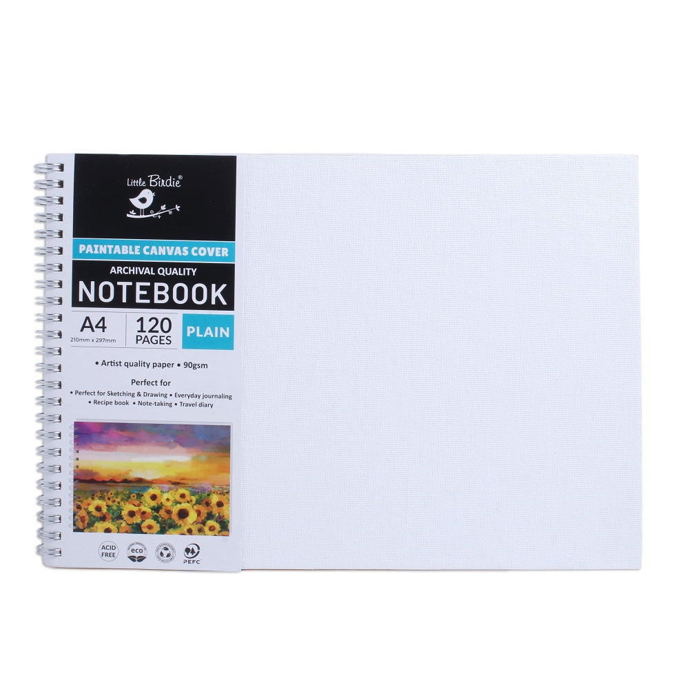 Paintable Canvas Wiro Bound Plain Notebook Landscape A4 90gsm 120 Pages