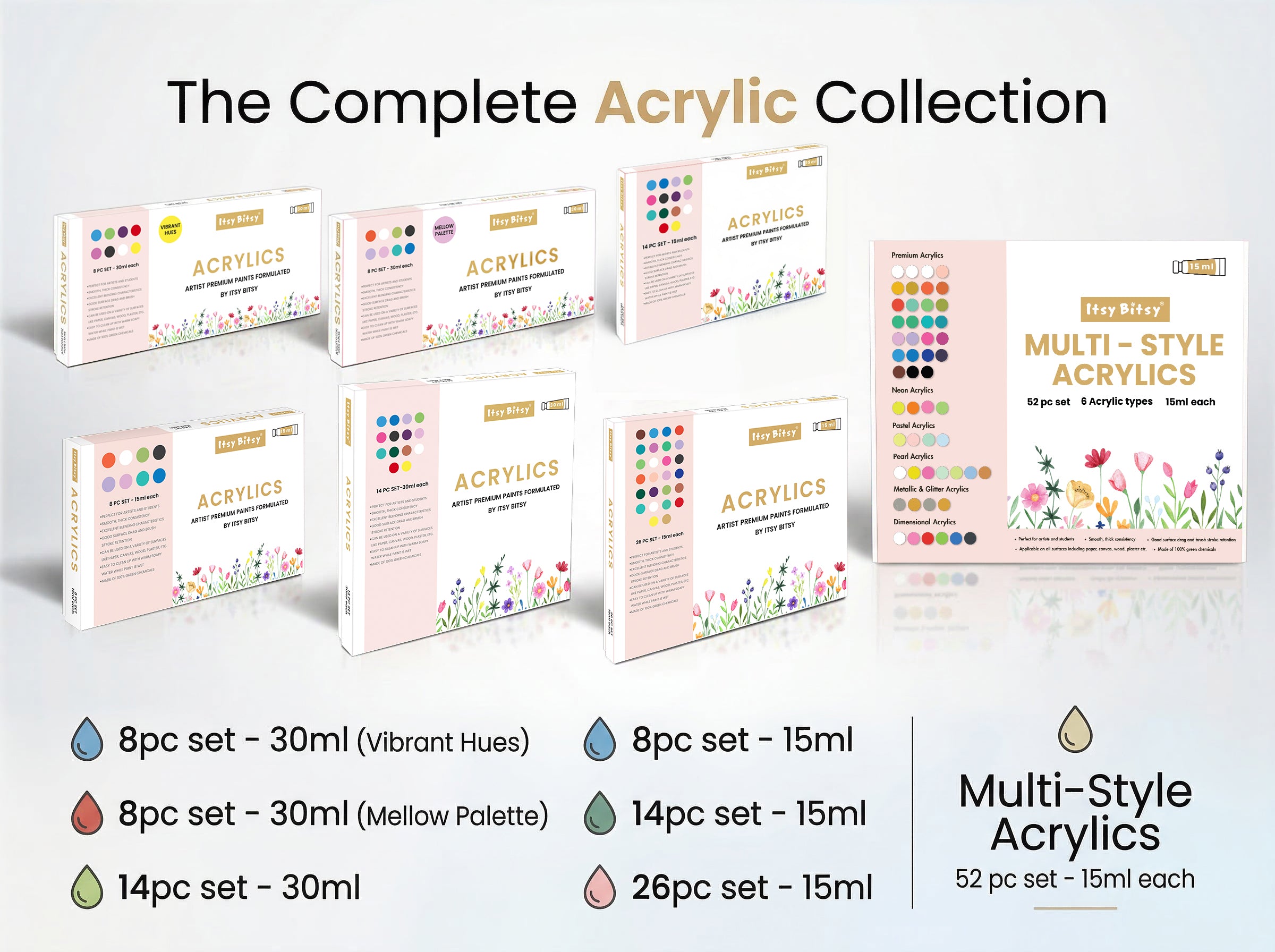 Multi Style Acrylics Set 52 Colors X 15ml each Box