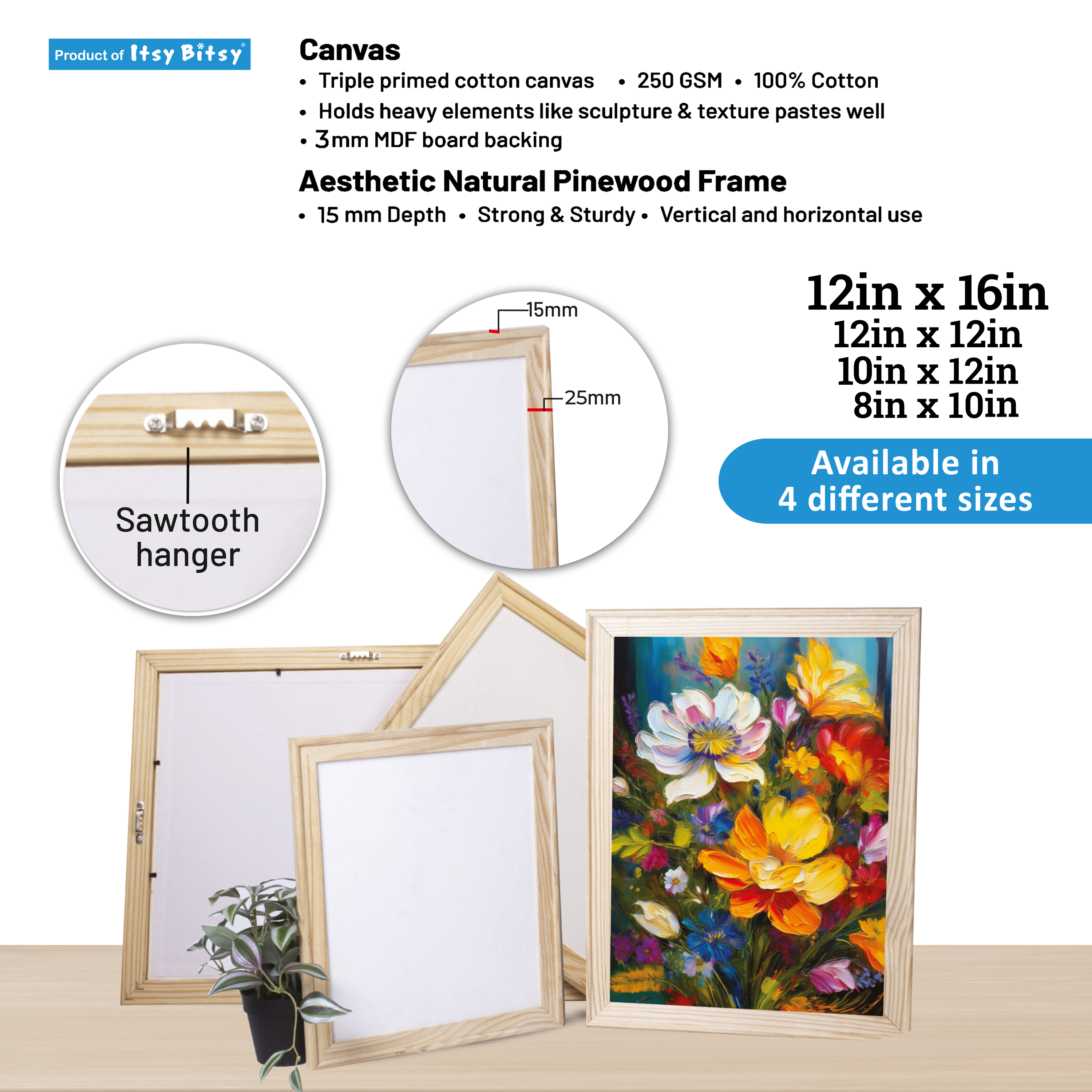 Pinewood Frame With 12 x 12in Canvas - 250gsm, 3mm Thick MDF Board Backing, Frame Size 3 X 1.5cm 1pc