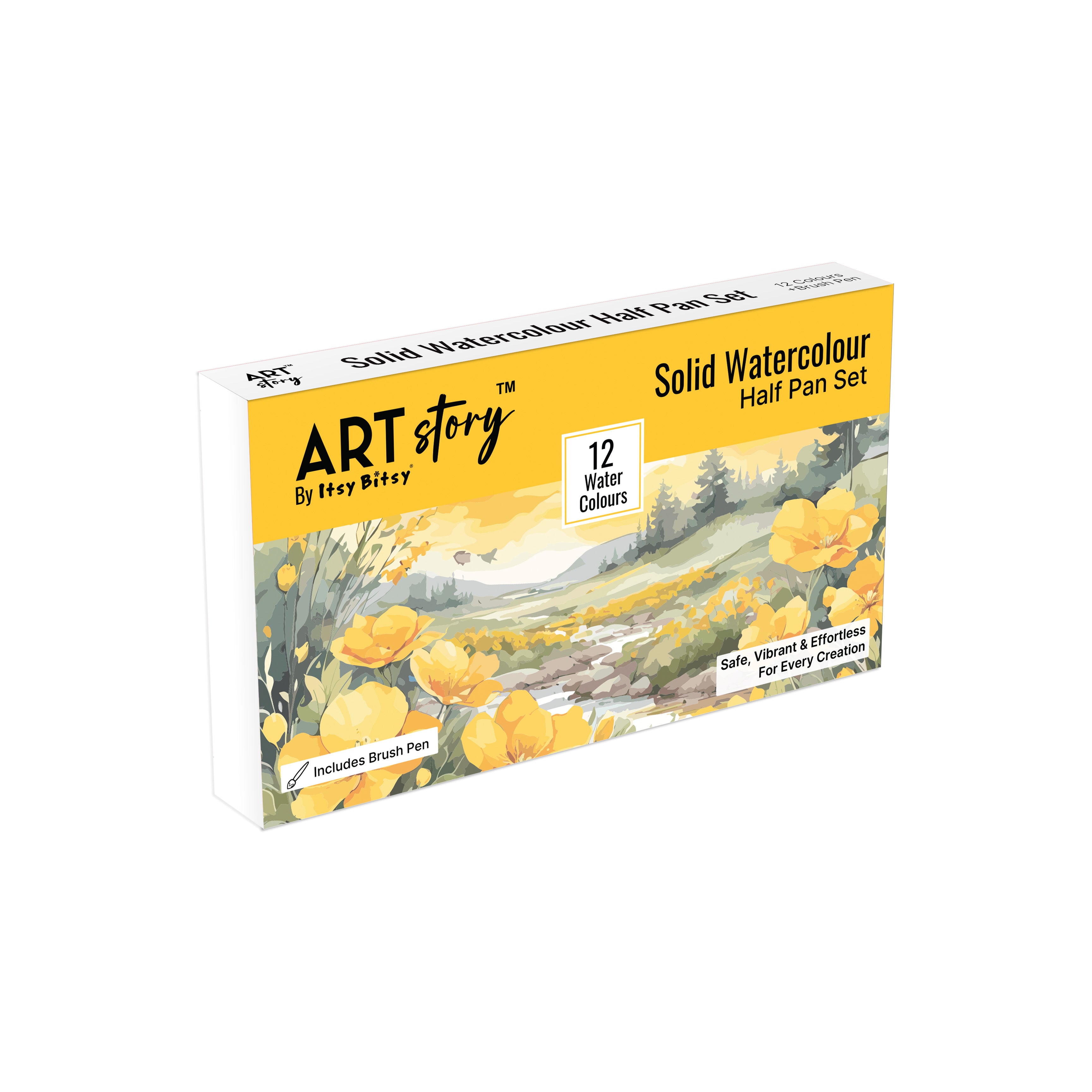 Solid Watercolour Colour Half Pan Set 12colours with Brush Pen Box