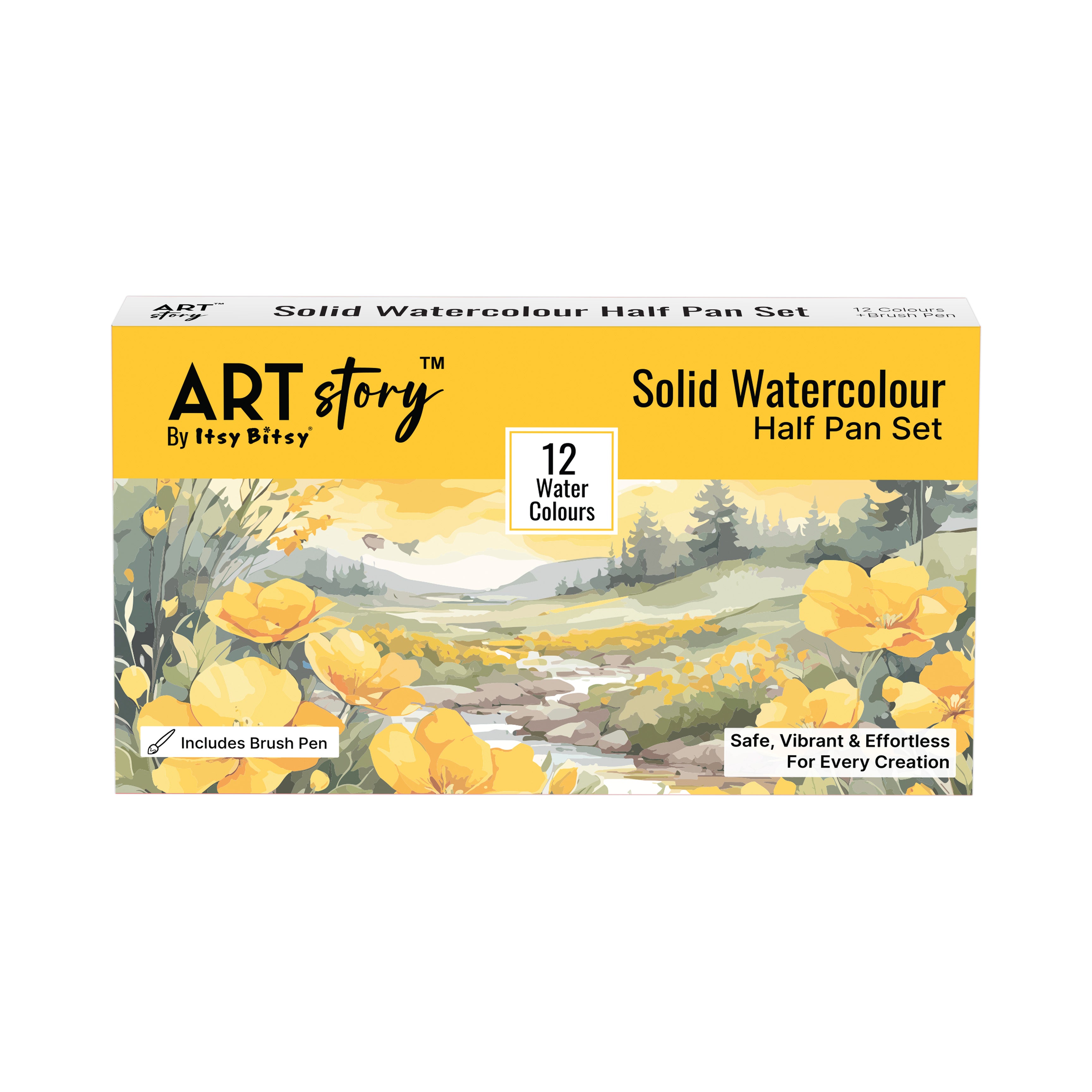 Solid Watercolour Colour Half Pan Set 12colours with Brush Pen Box