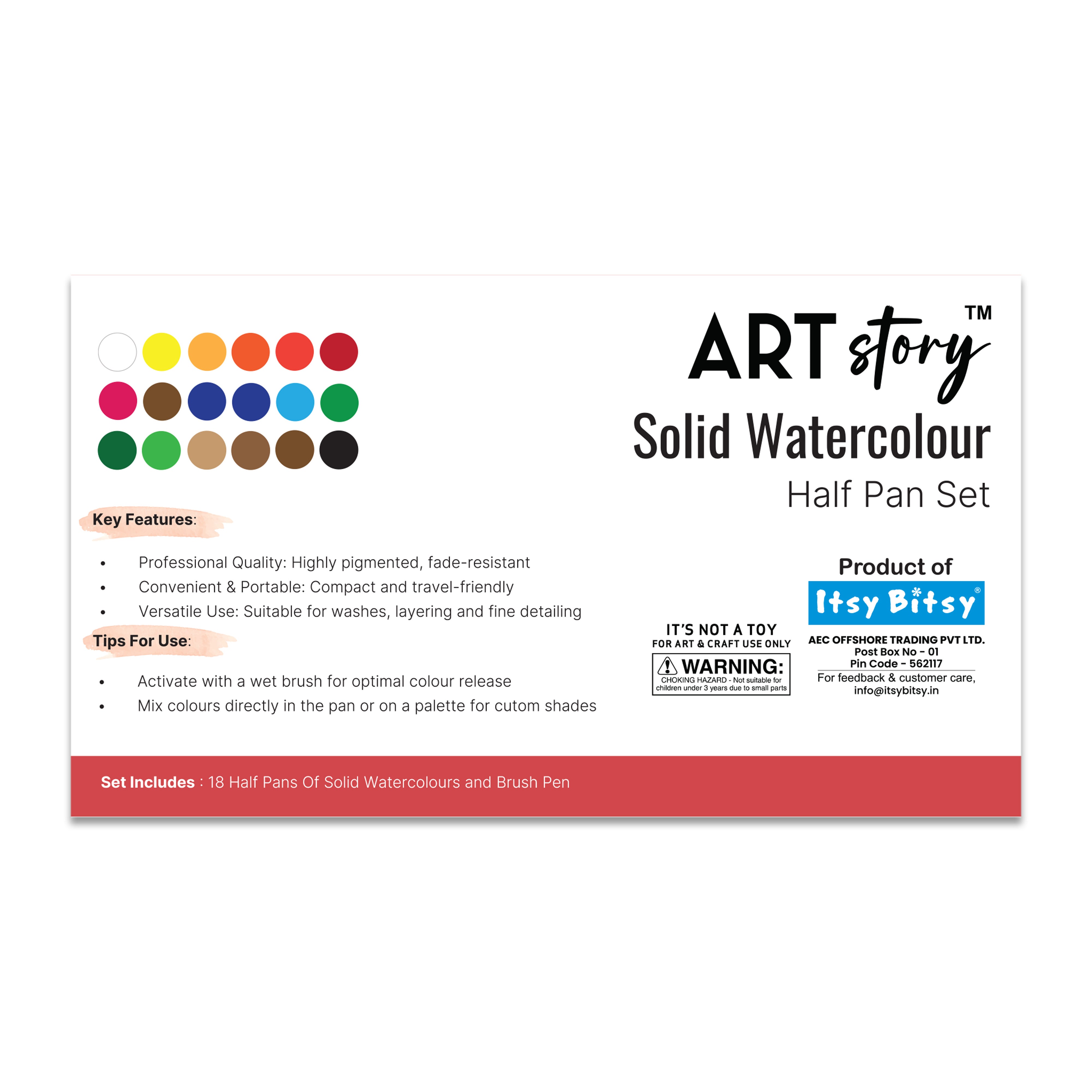 Solid Watercolour Colour Half Pan Set 18colours with Brush Pen Box