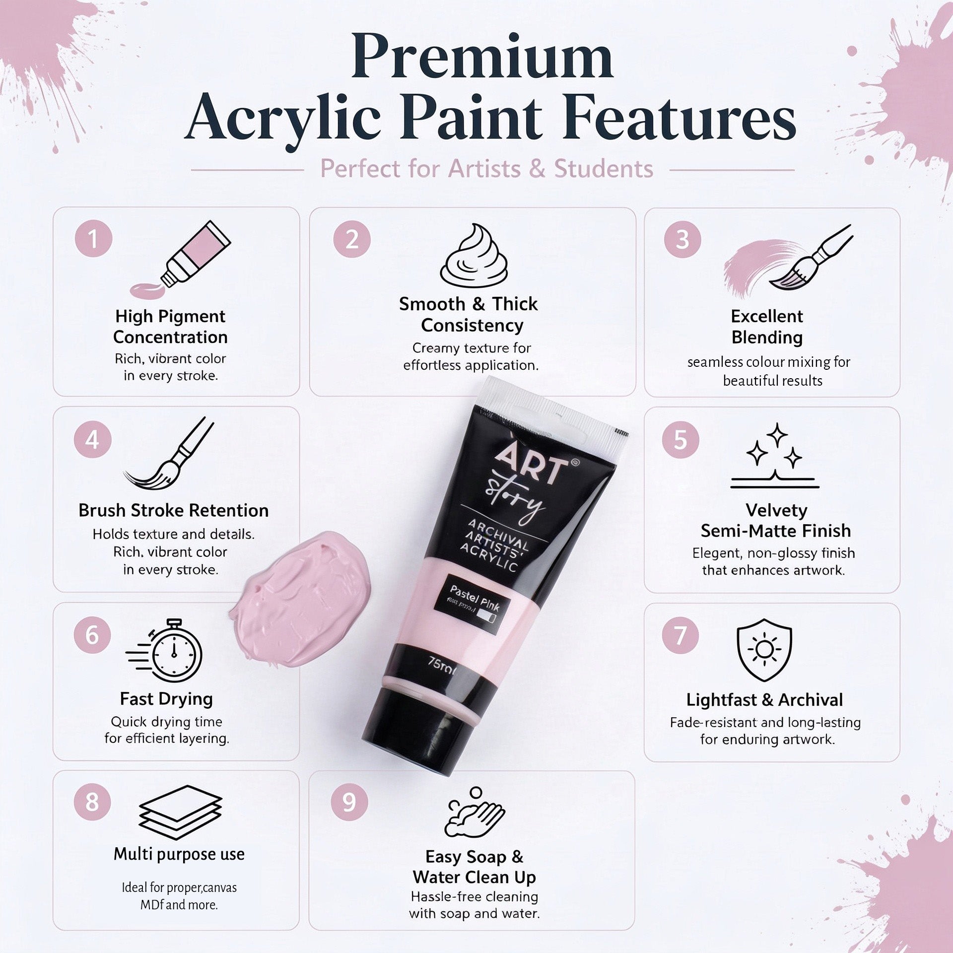 Artists Acrylic Colour Ptel Light Pink 75ml Tube