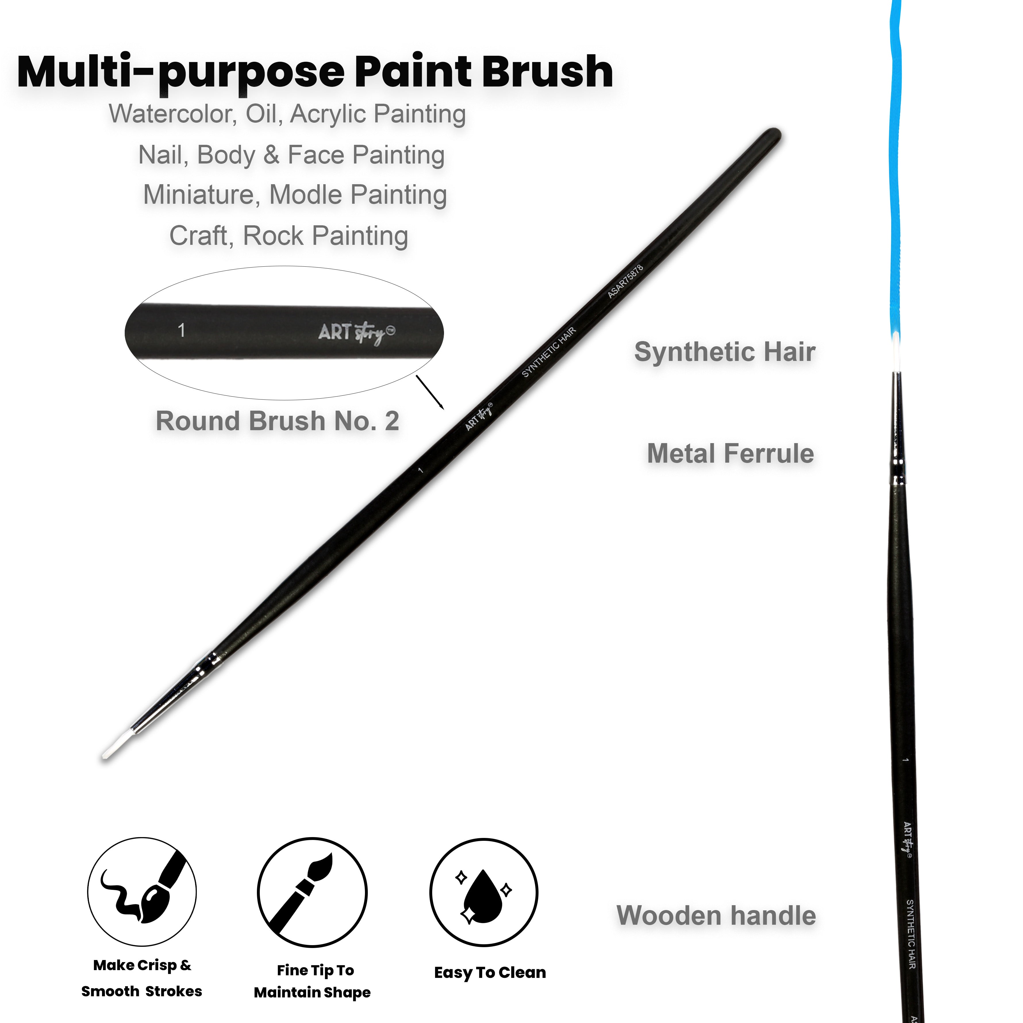 Premium Round Brush Synthetic Hair Handle Length 200mm Size 1 1 pc
