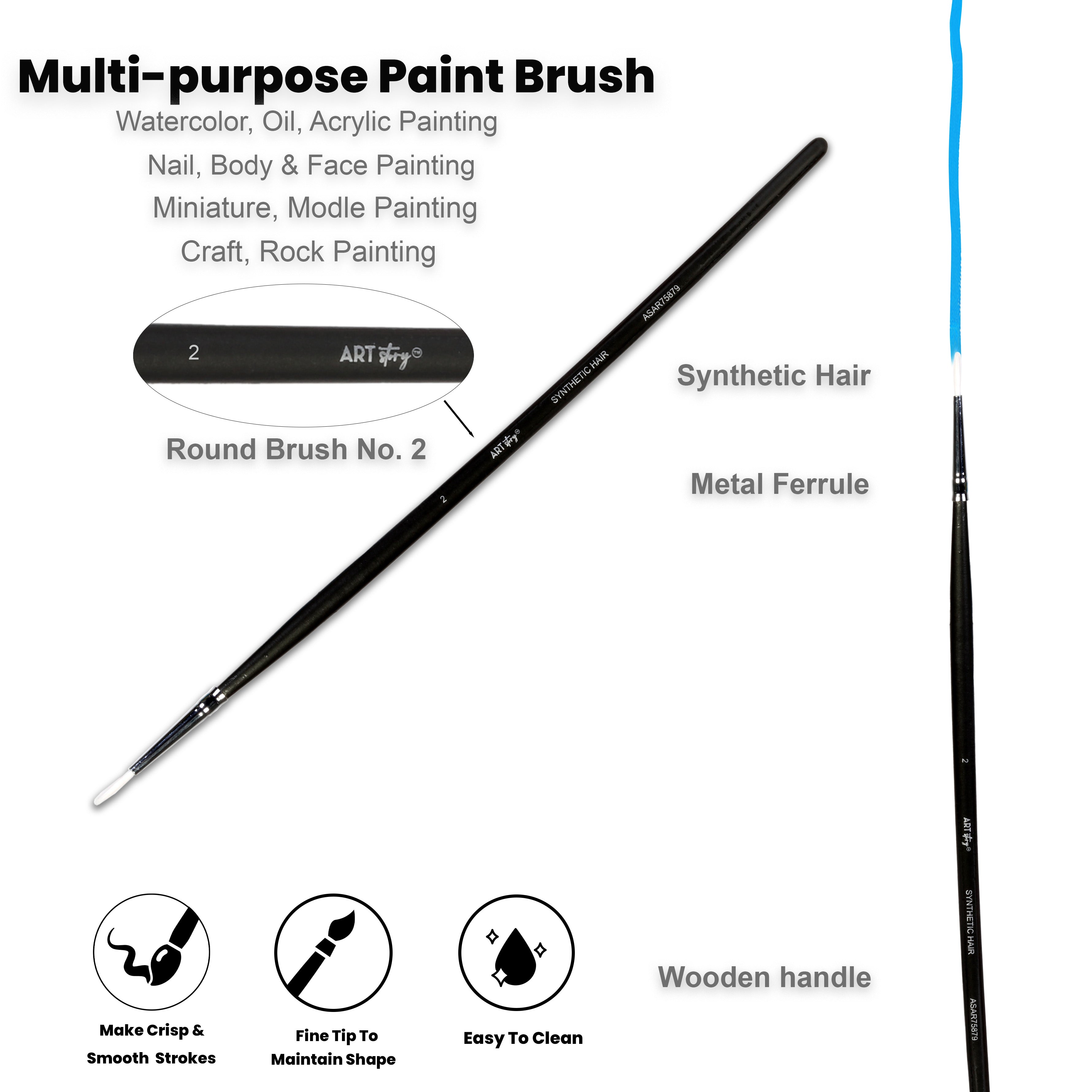 Premium Round Brush Synthetic Hair Handle Length 200mm Size 2 1 pc