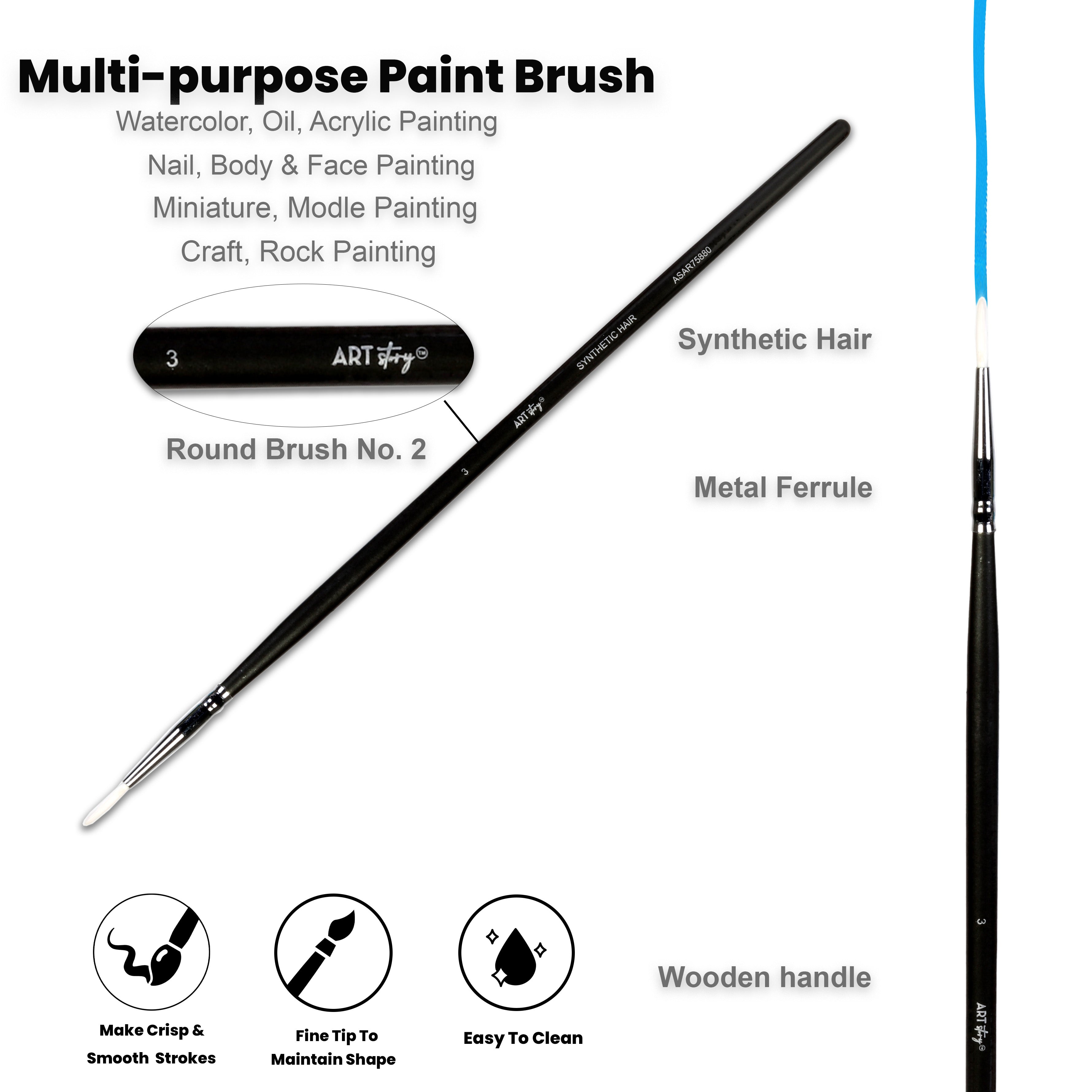 Premium Round Brush Synthetic Hair Handle Length 200mm Size 3 1 pc