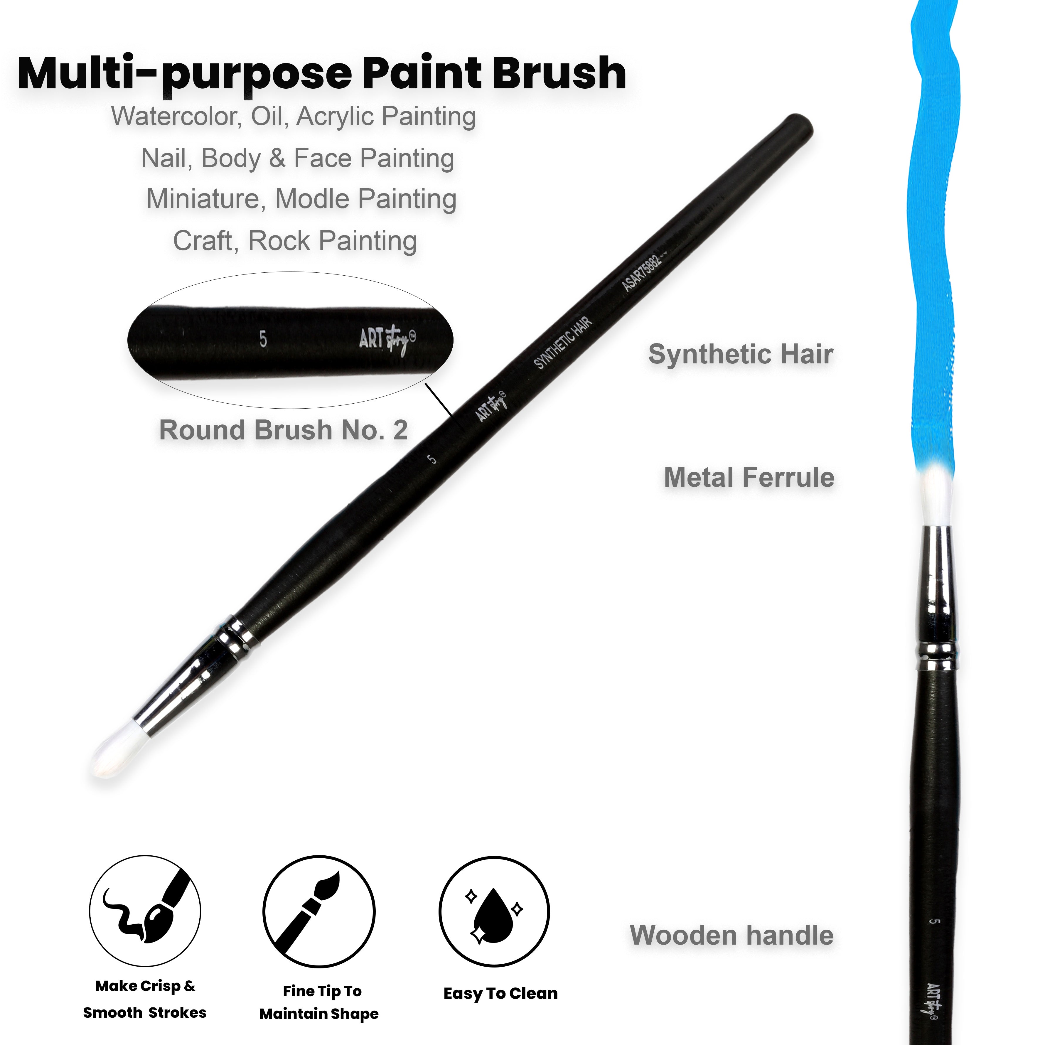 Premium Round Brush Synthetic Hair Handle Length 200mm Size 5 1 pc