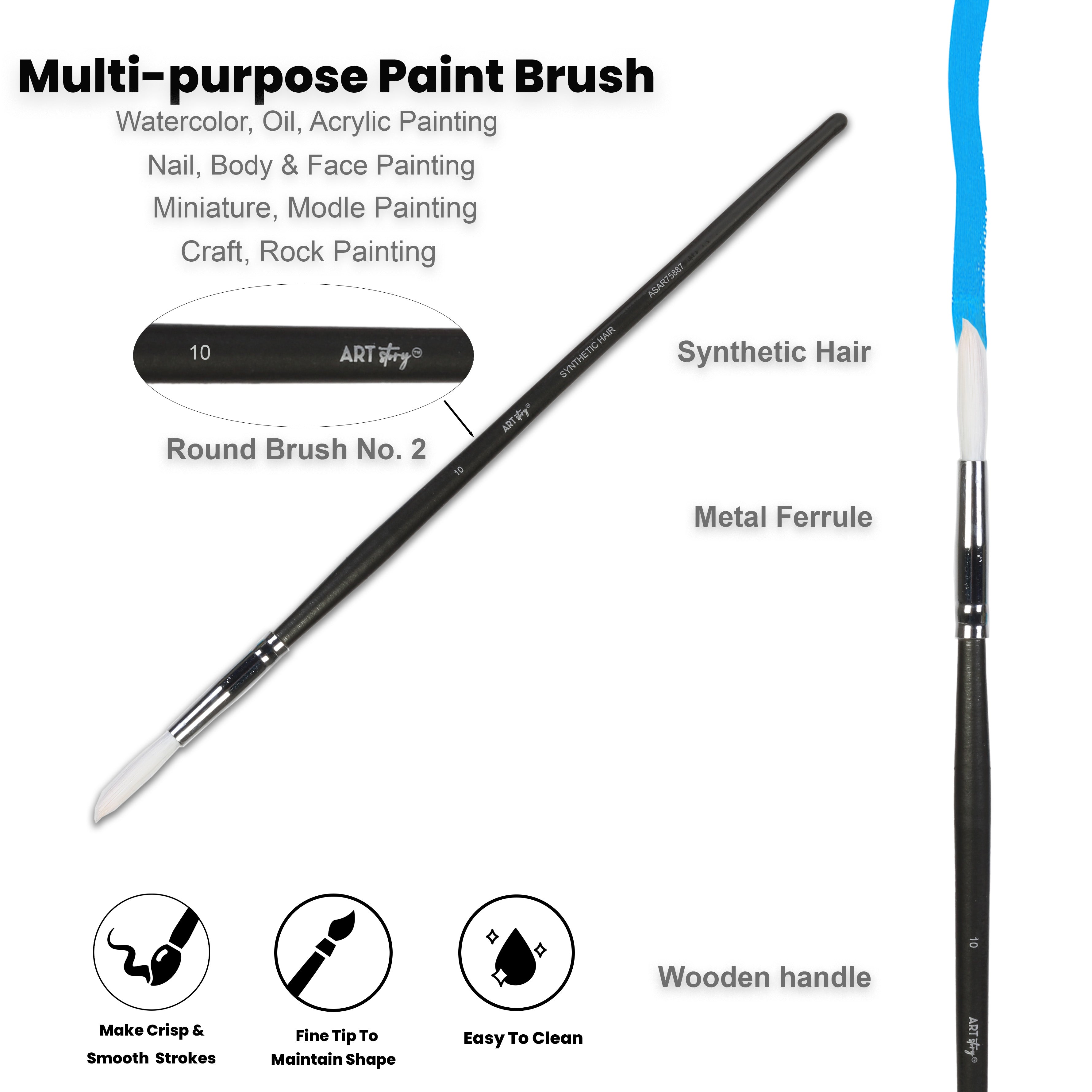 Premium Round Brush Synthetic Hair Handle Length 200mm Size 10 1 pc