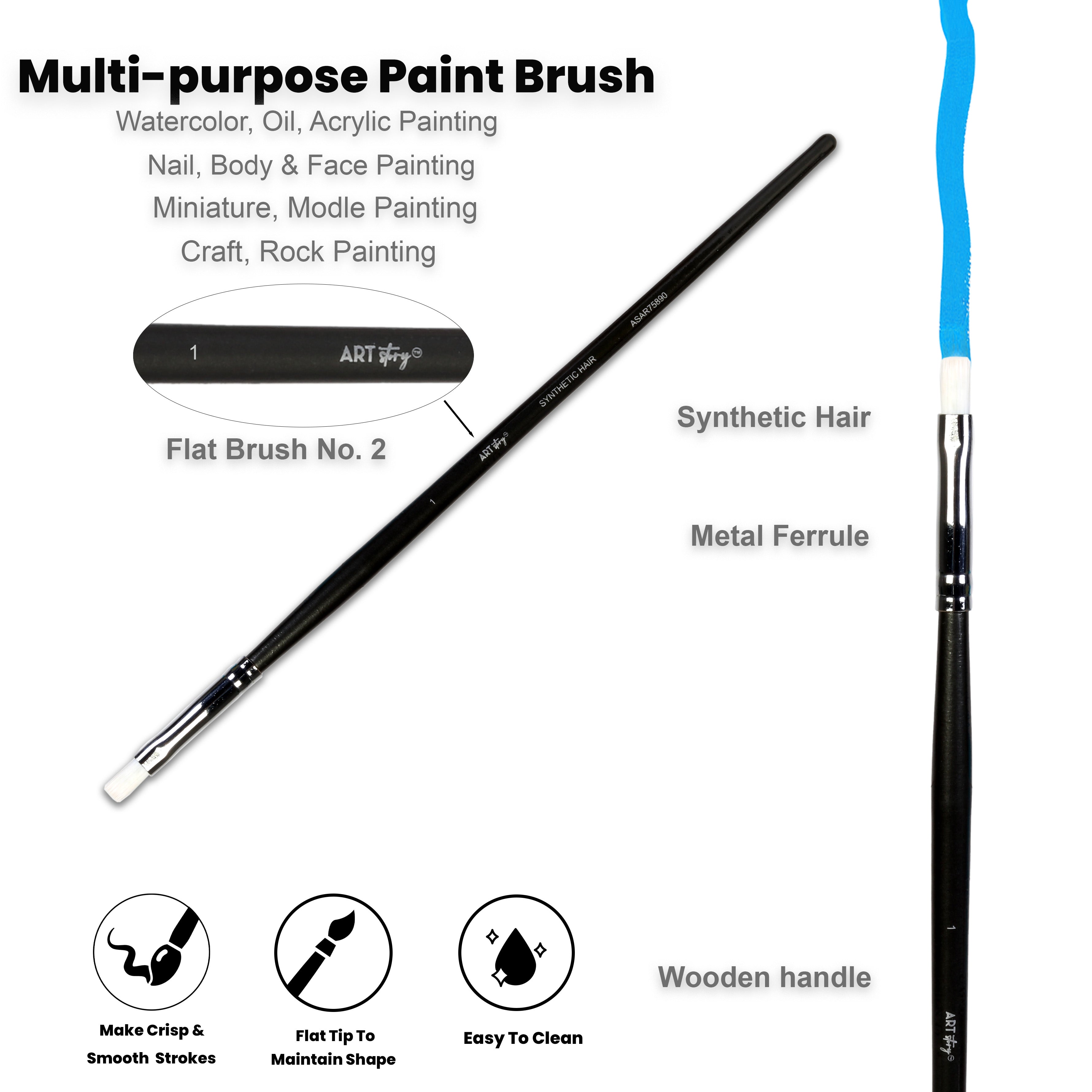 Premium Flat Brush Synthetic Hair Handle Length 200mm Size 1 1 pc