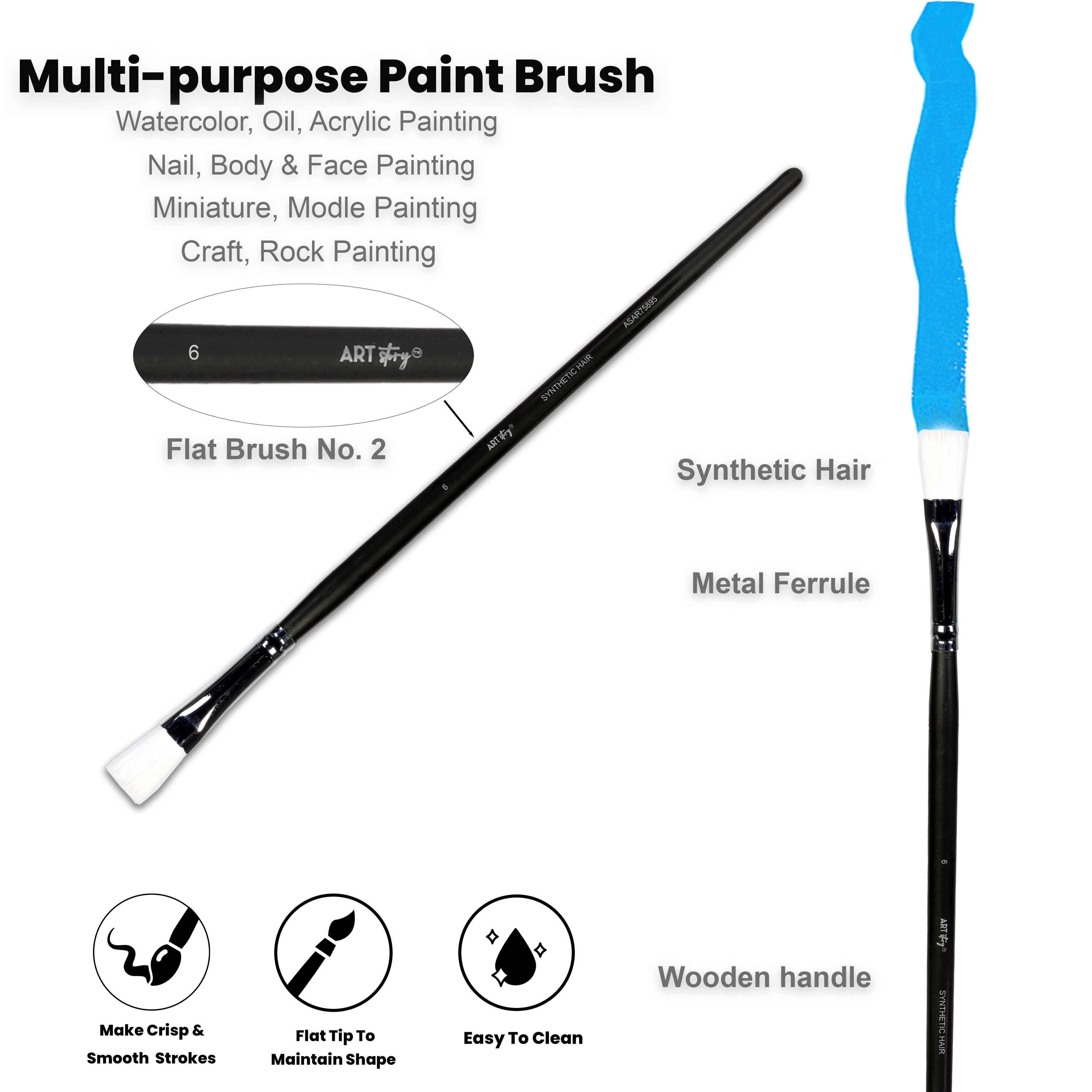 Premium Flat Brush Synthetic Hair Handle Length 200mm Size 6 1 pc