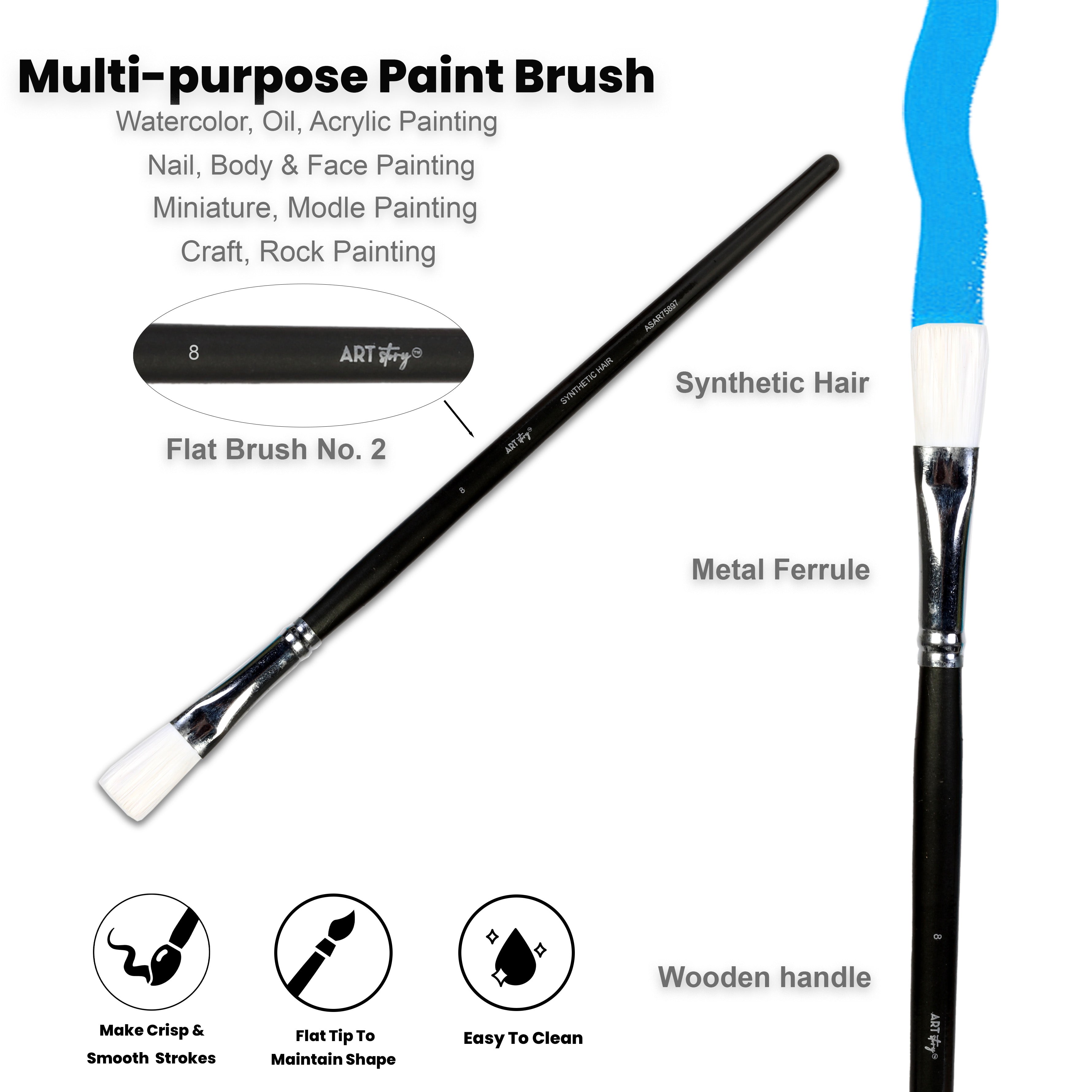 Premium Flat Brush Synthetic Hair Handle Length 200mm Size 8 1 pc