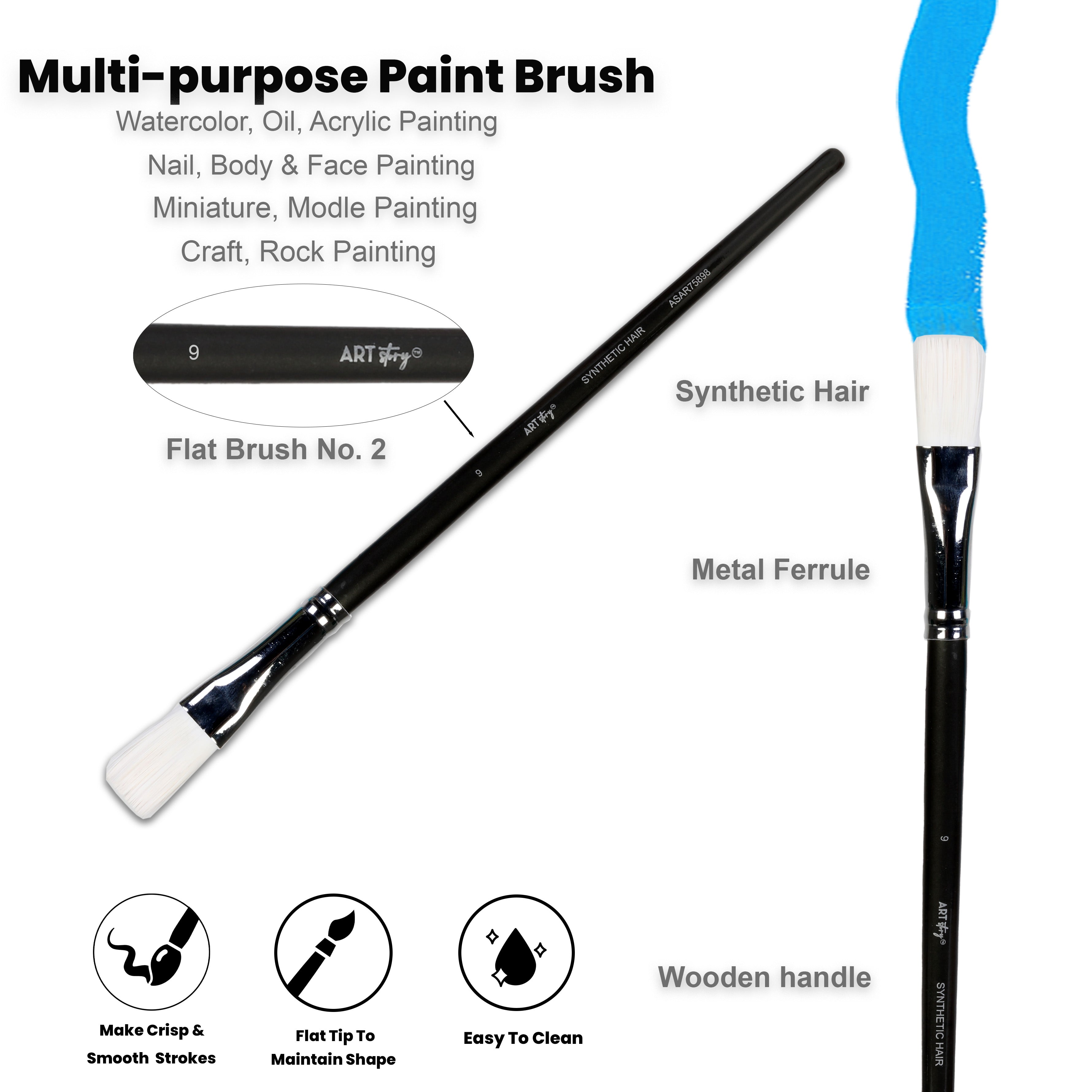 Premium Flat Brush Synthetic Hair Handle Length 200mm Size 9 1 pc