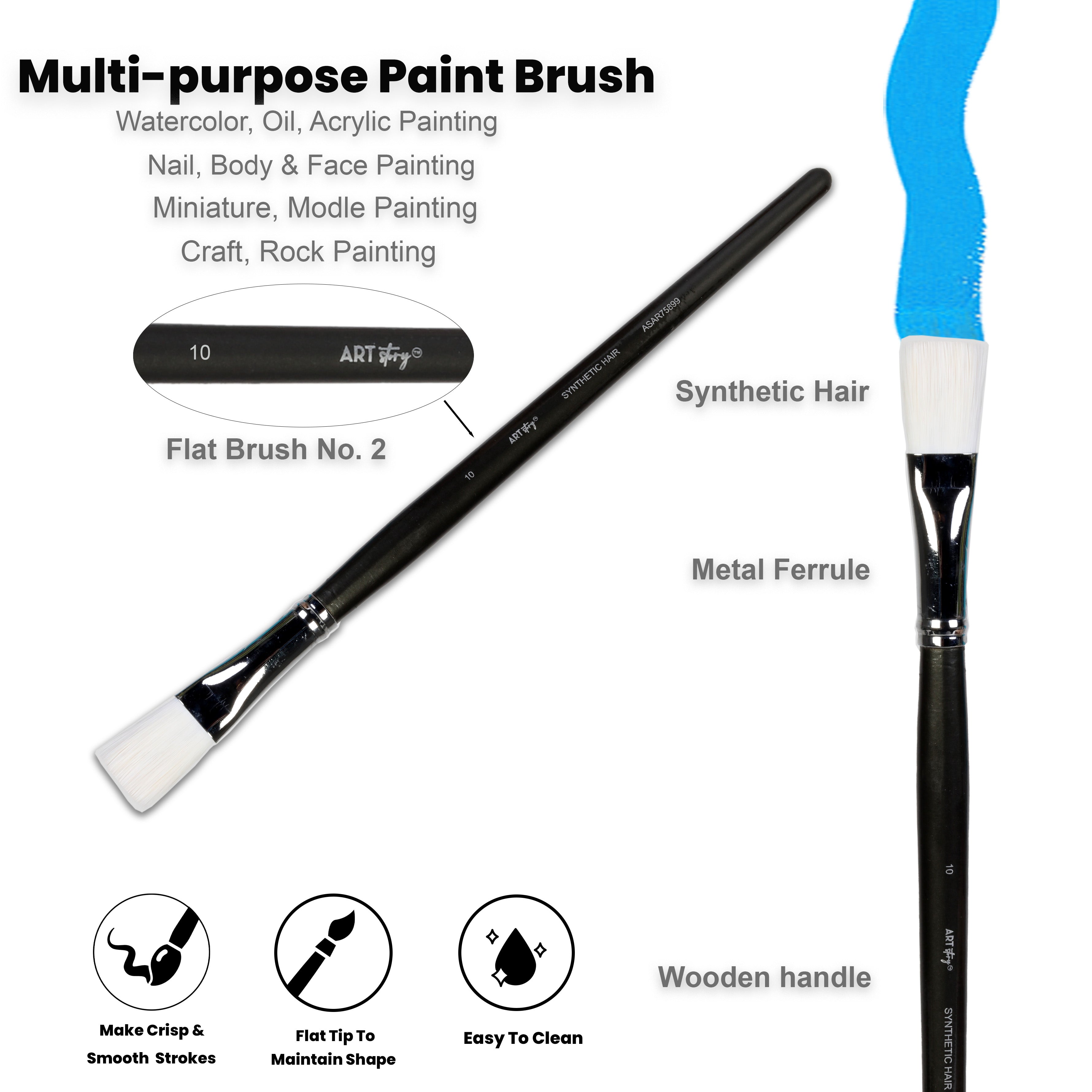 Premium Flat Brush Synthetic Hair Handle Length 200mm Size 10 1 pc