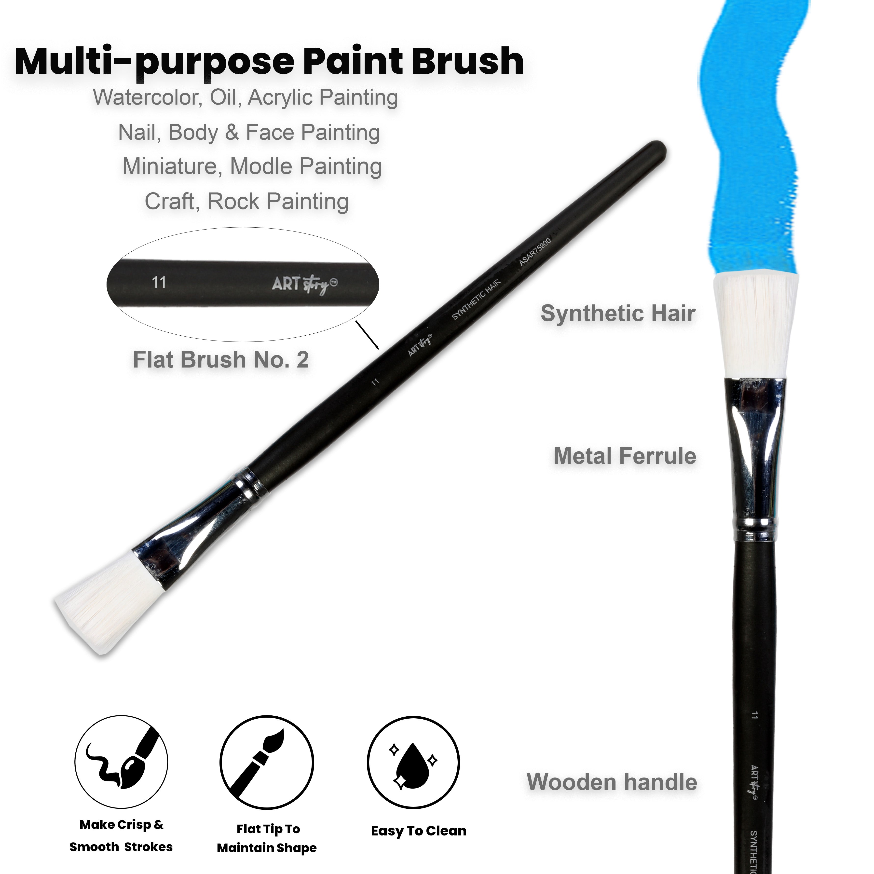 Premium Flat Brush Synthetic Hair Handle Length 200mm Size 11 1 pc
