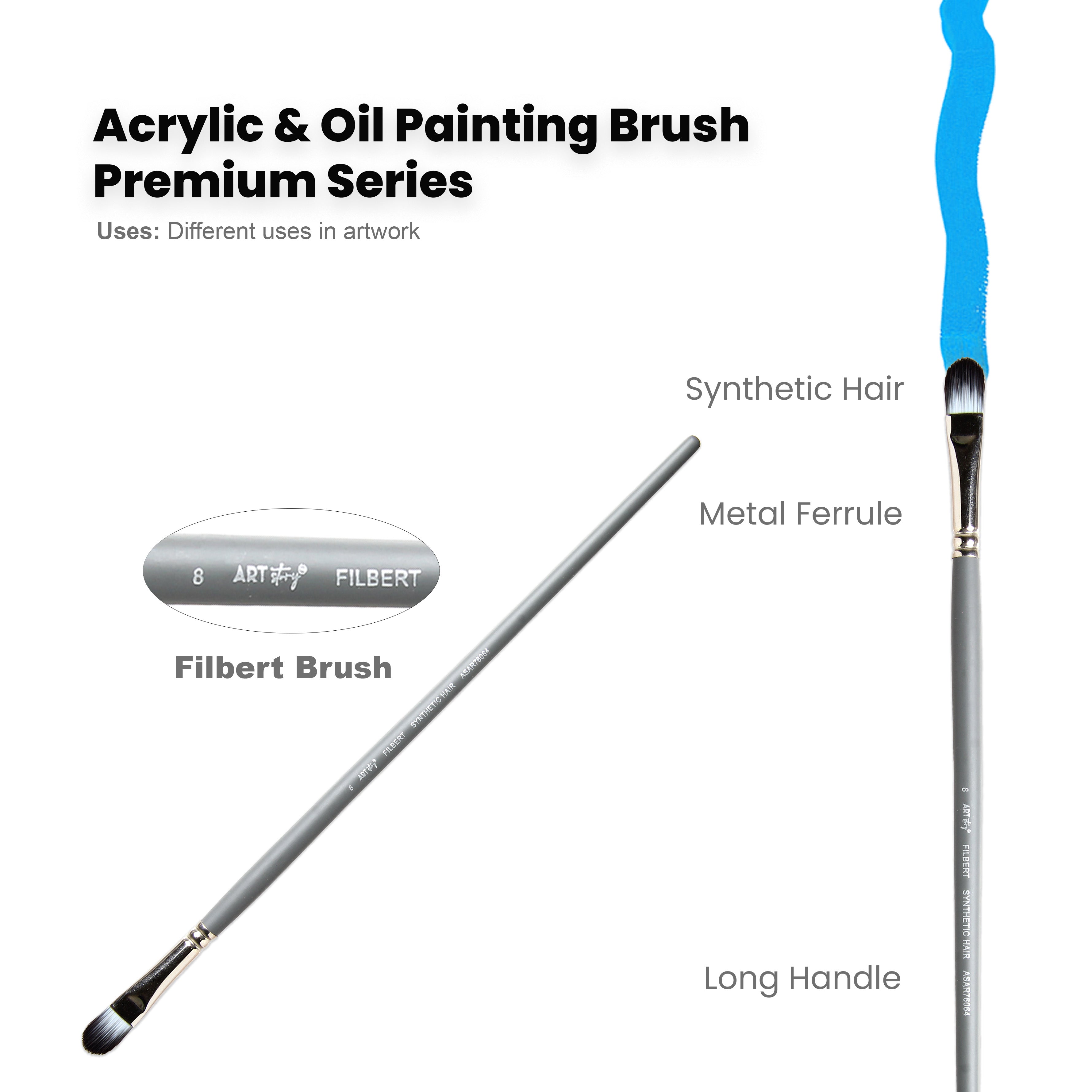 Long Handle Filbert Brush Synthetic Hair Size 8 Handle Length 250mm