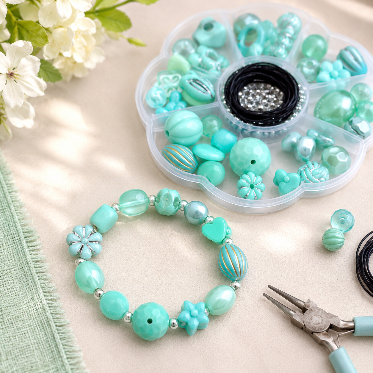 Bracelet kit Assorted Art Beads Teal Tango 18gm in flower shaped 7 compartment 8 X 8cm Box