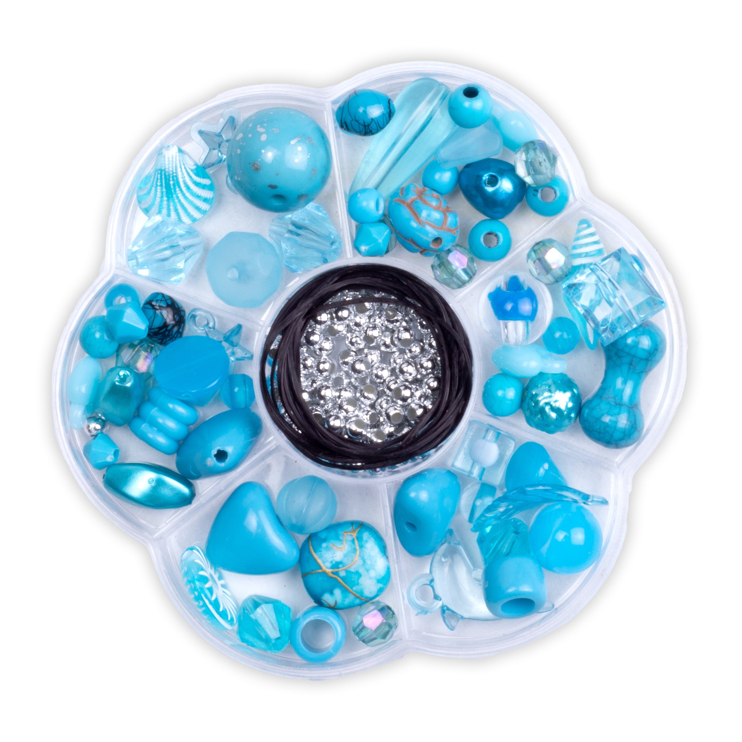 Bracelet Making kit Assorted Art Beads Crystal Blue 18gm in flower shaped 8 X 8cm 7 comp BoxMking