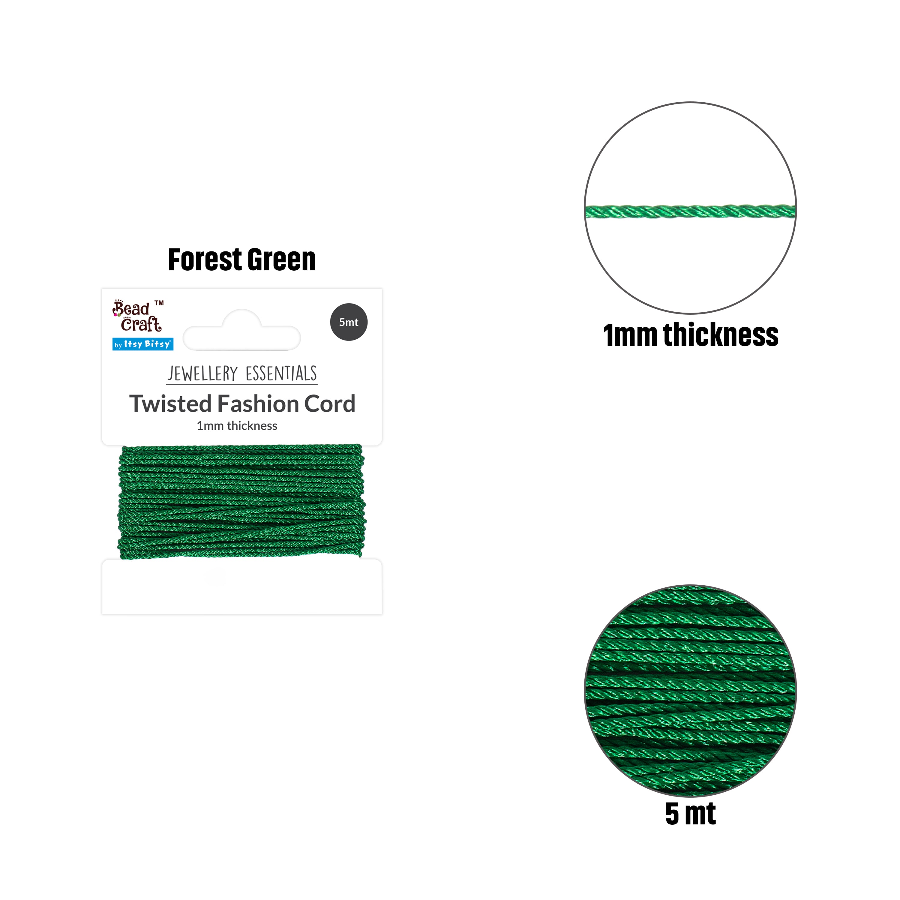 Nylon Twisted Cord 0.5mm Forest Green 5mtr