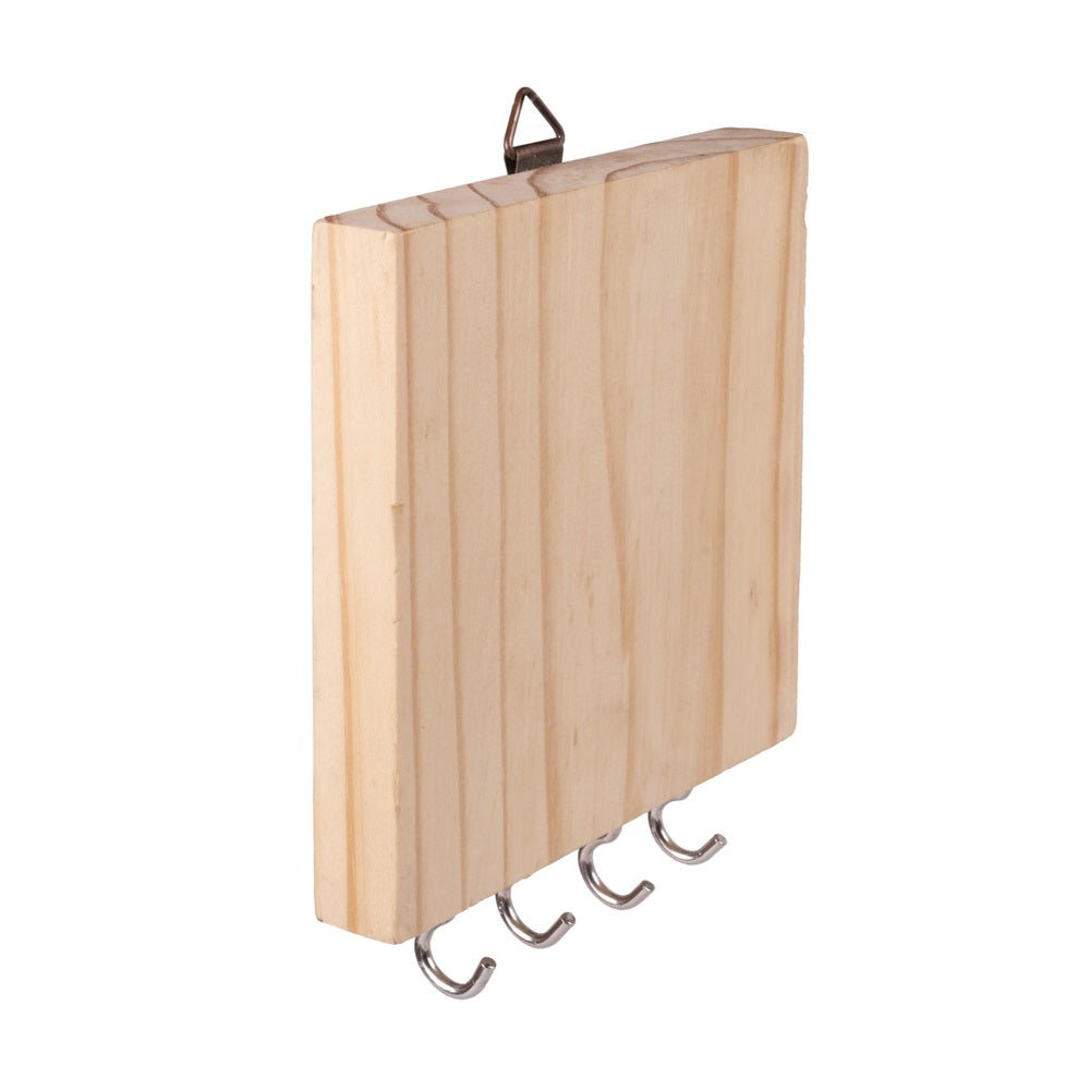 Pinewood Wall Hanging Key Holder with 4 Hooks, Approx. L 5in x H5in x D0.7in, 1pc