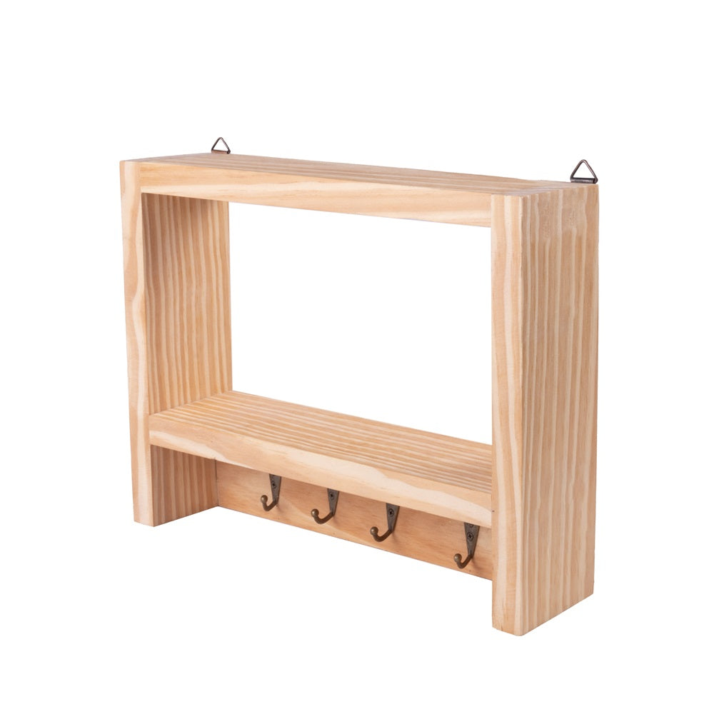 Pinewood Rack and key Holder with 4 Hooks, Approx. L12in x W3in x H9.25in, 1pc