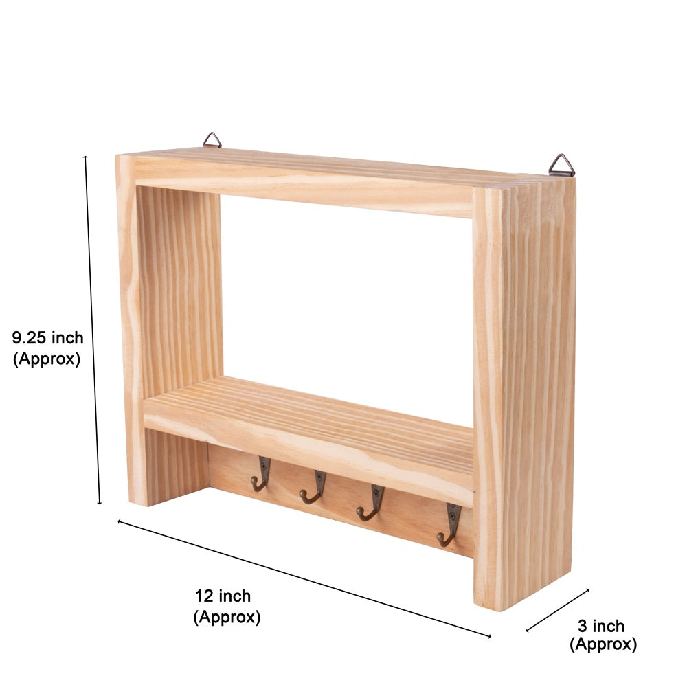 Pinewood Rack and key Holder with 4 Hooks, Approx. L12in x W3in x H9.25in, 1pc